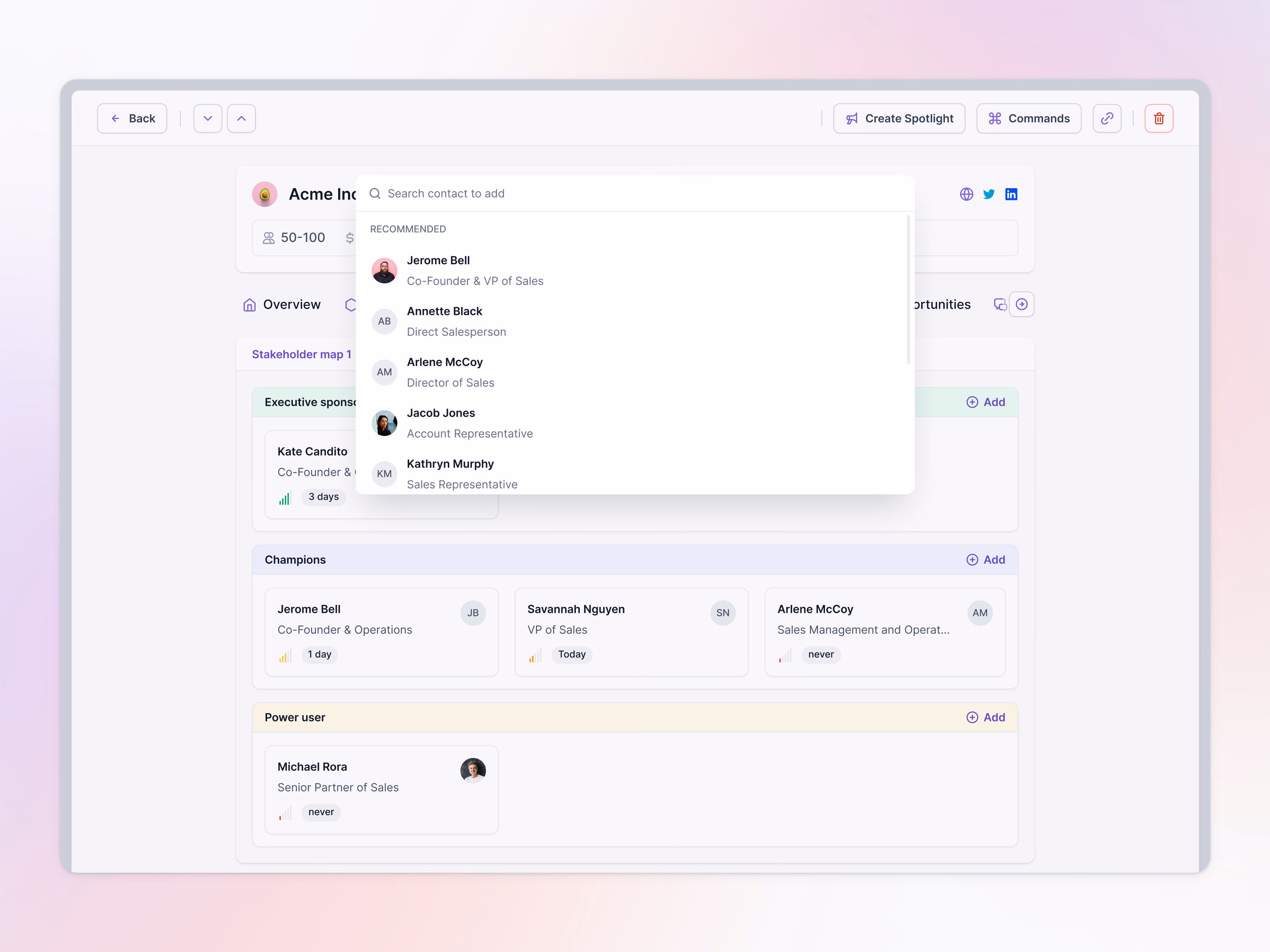Account stakeholder map and add contact search in Lantern