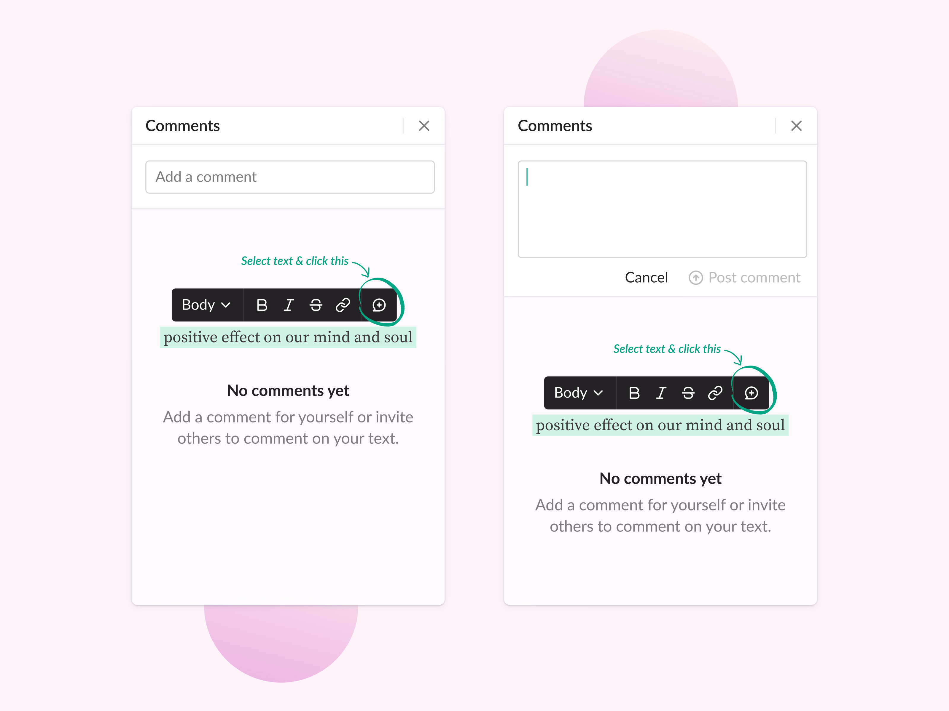 Comments panel empty state in the Shosho editor