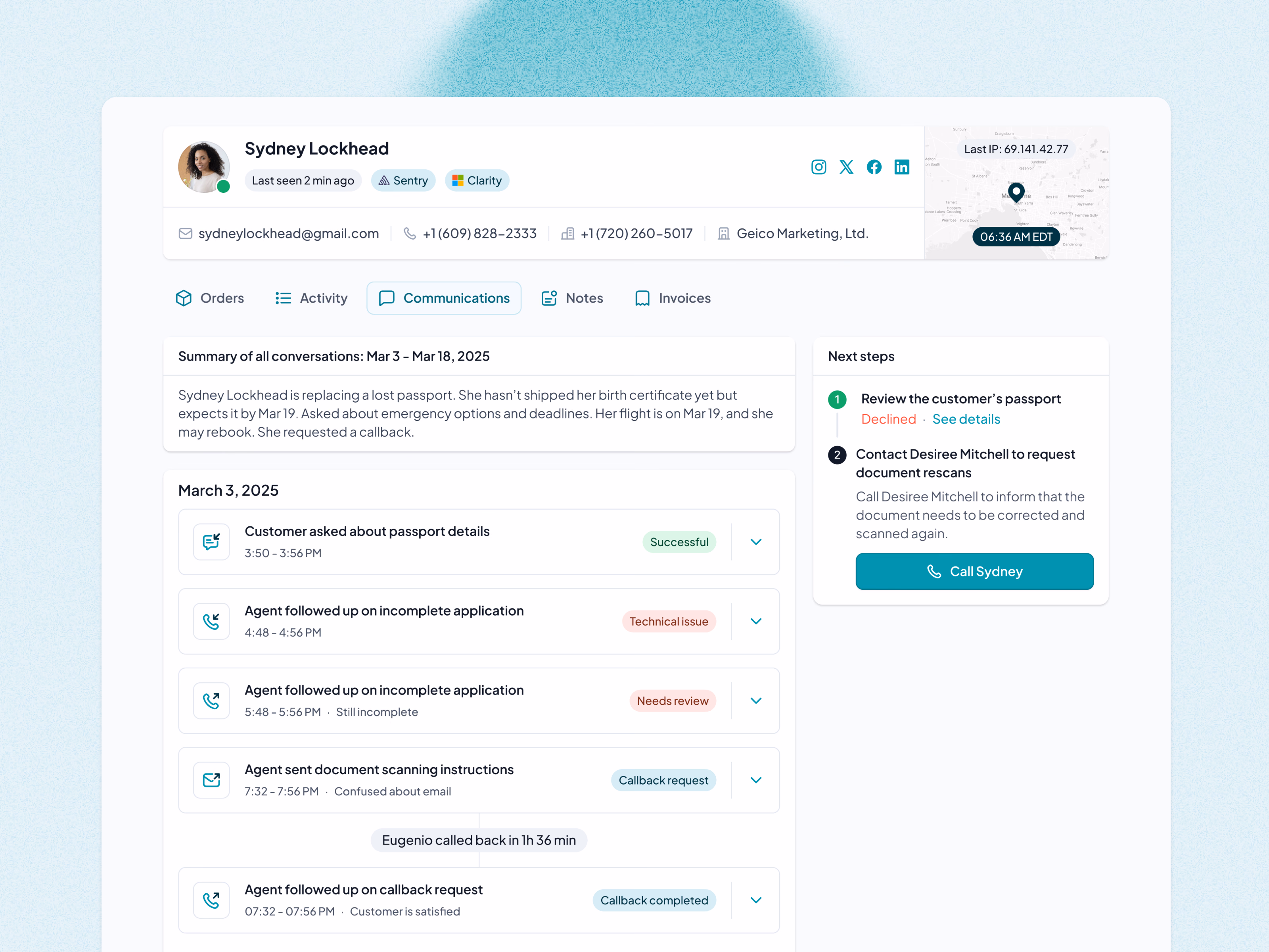 Passport support case summary and timeline in HelloGov