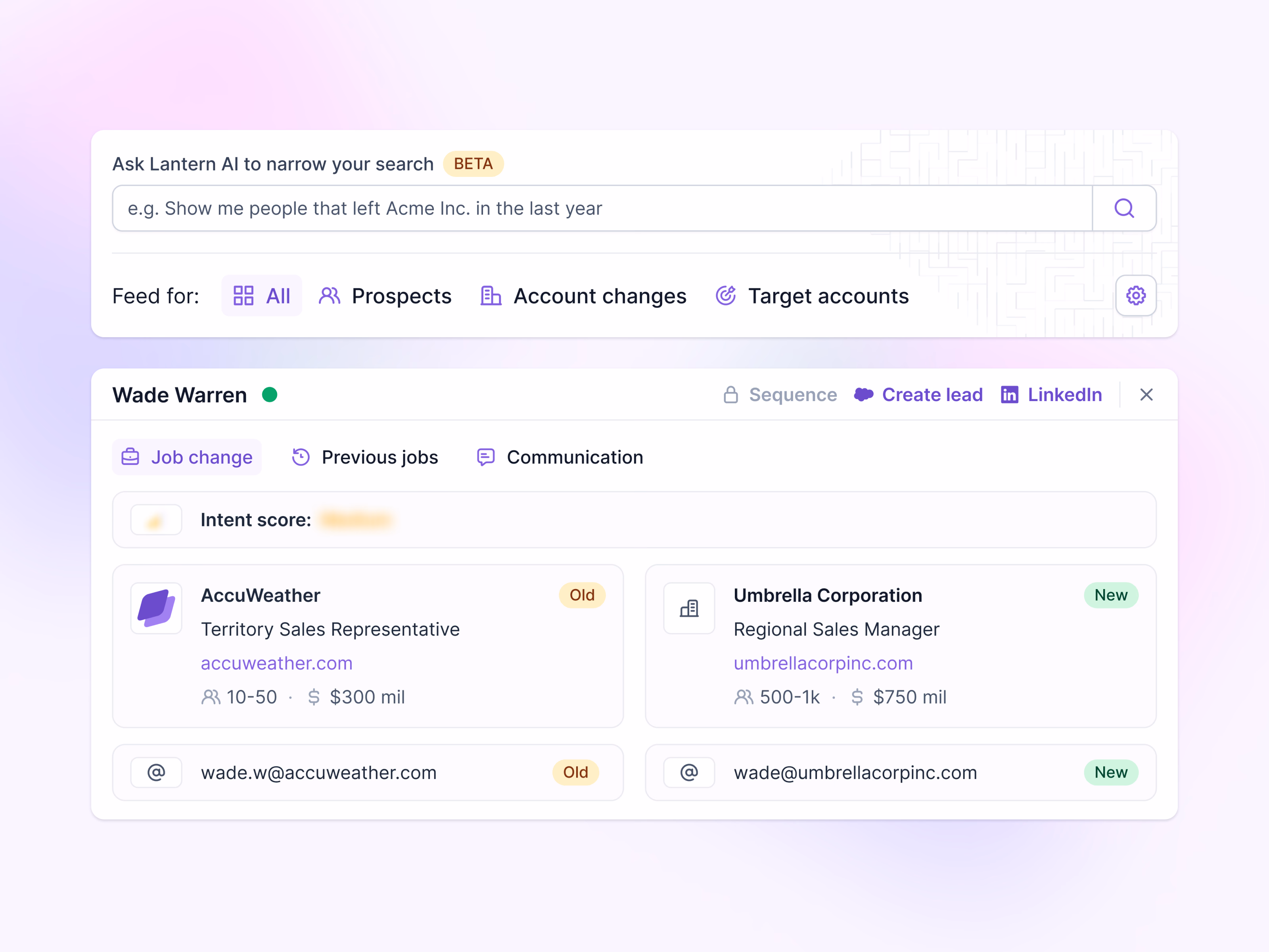 AI feed search bar and job change card for Lantern