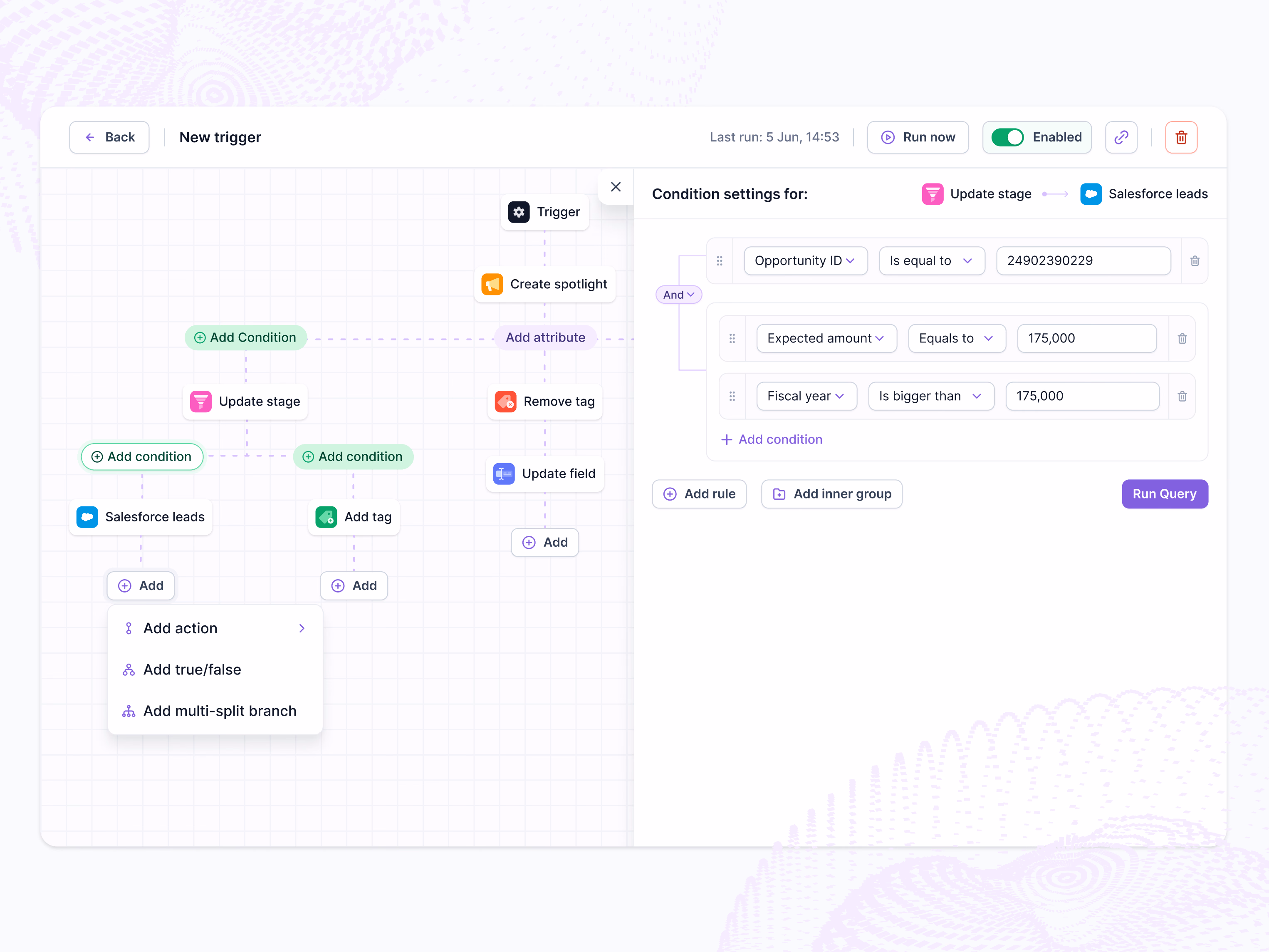 Workflow trigger condition settings in Lantern