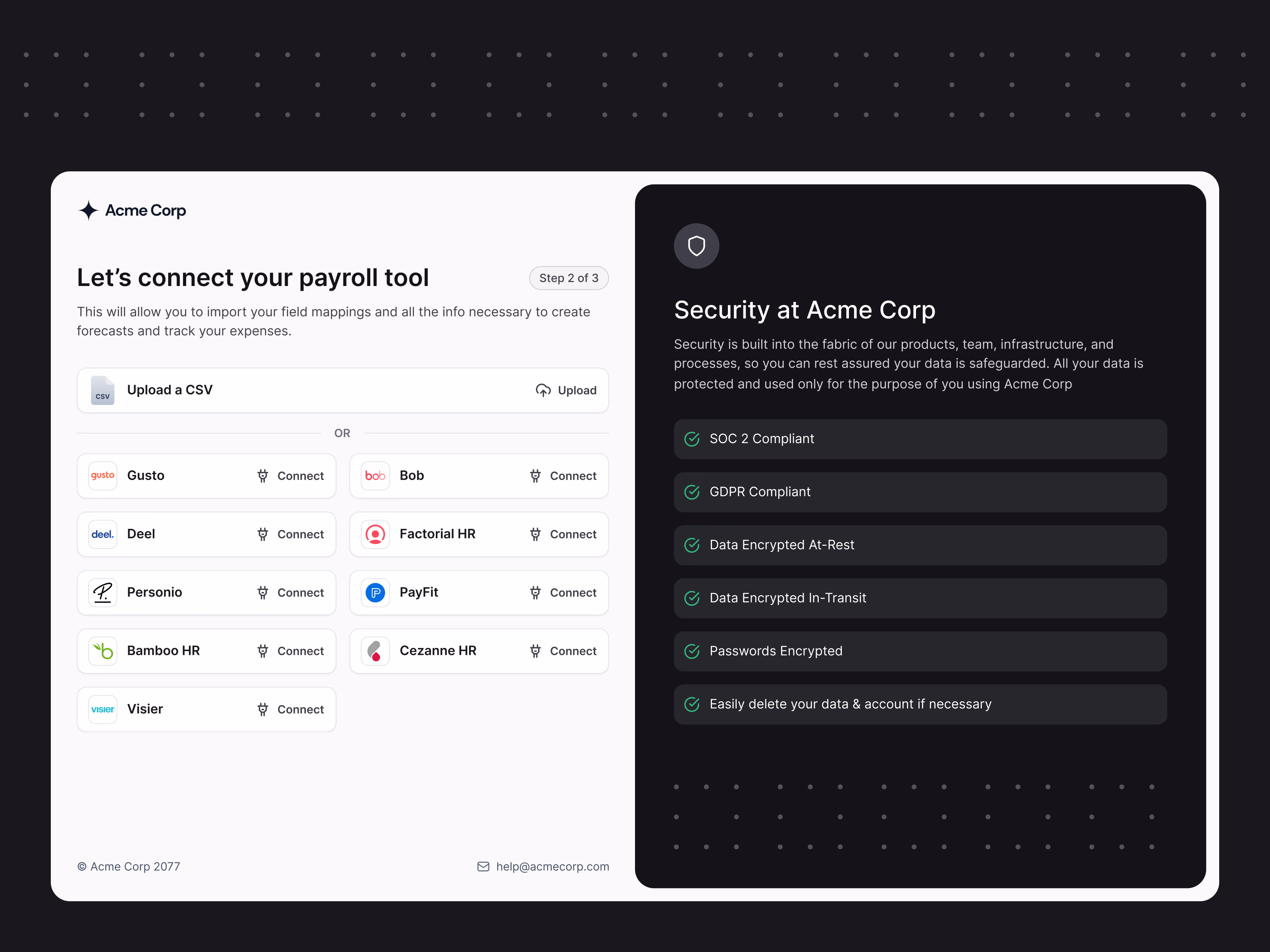 Connect payroll tool onboarding step in Horus