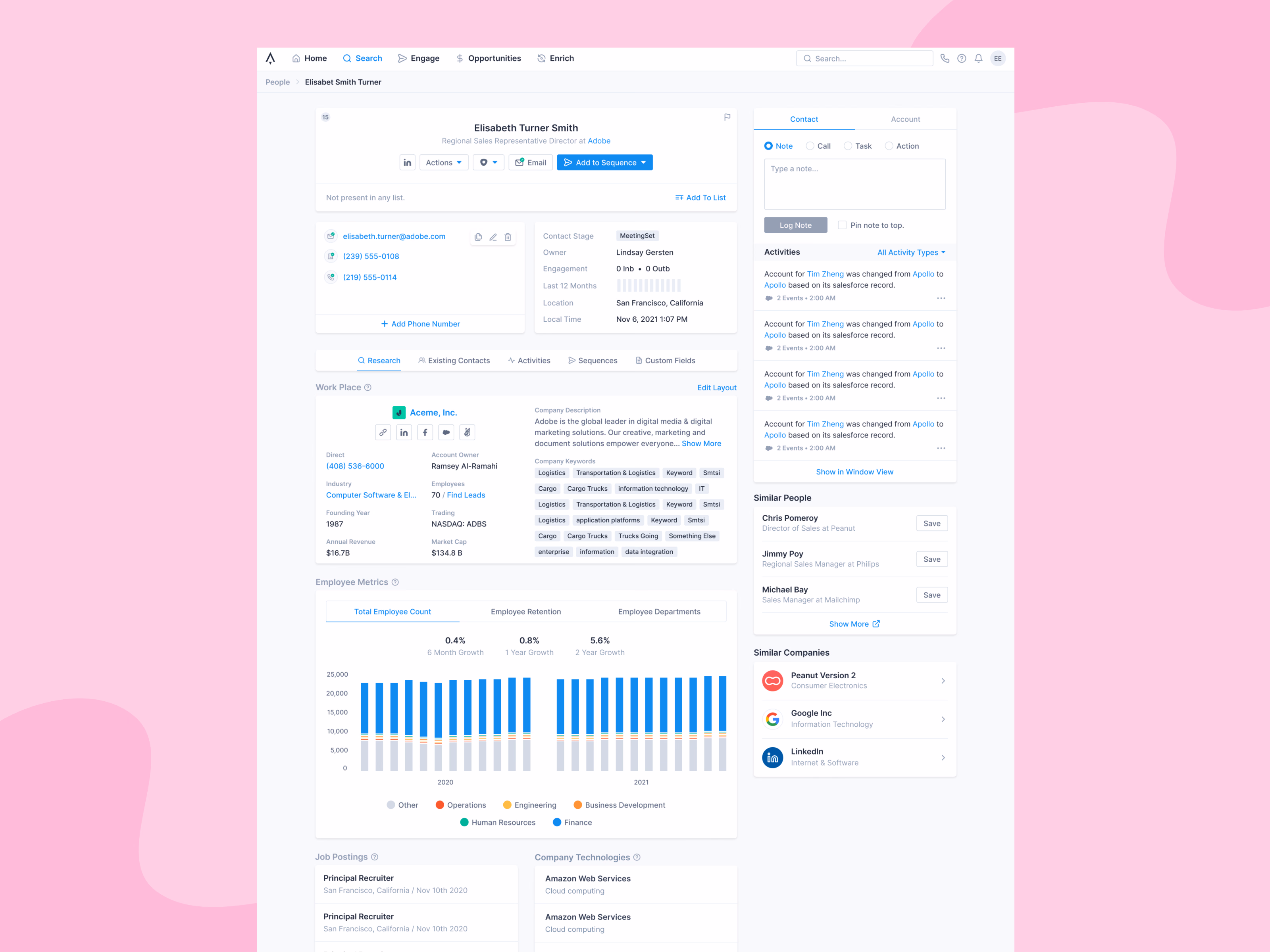 Contact page with company research in Apollo
