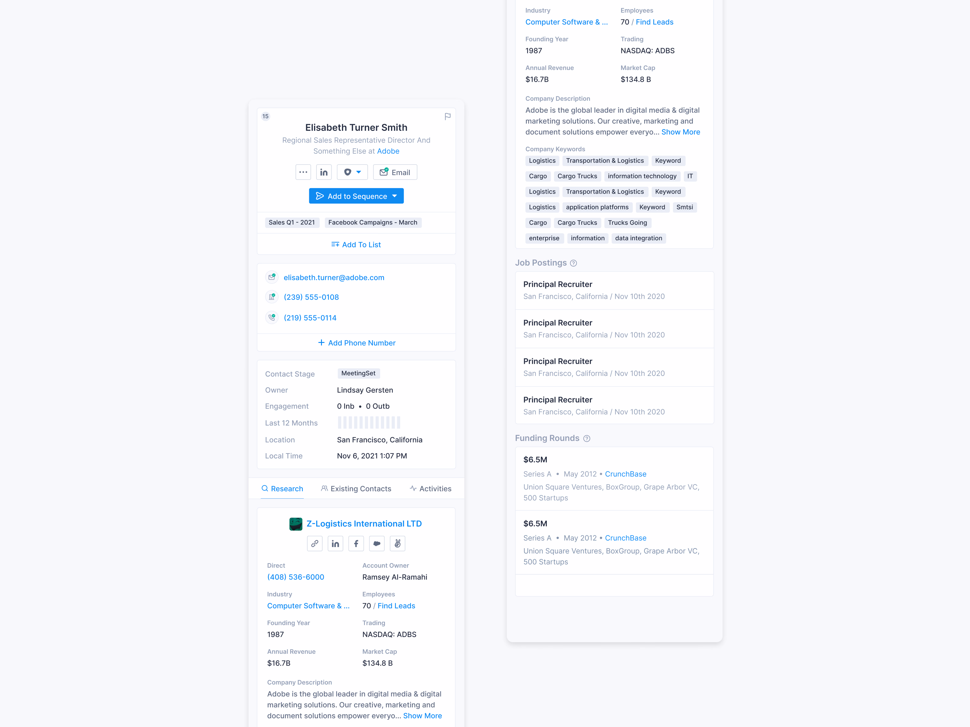 Narrow sidebar layout for contact details and research