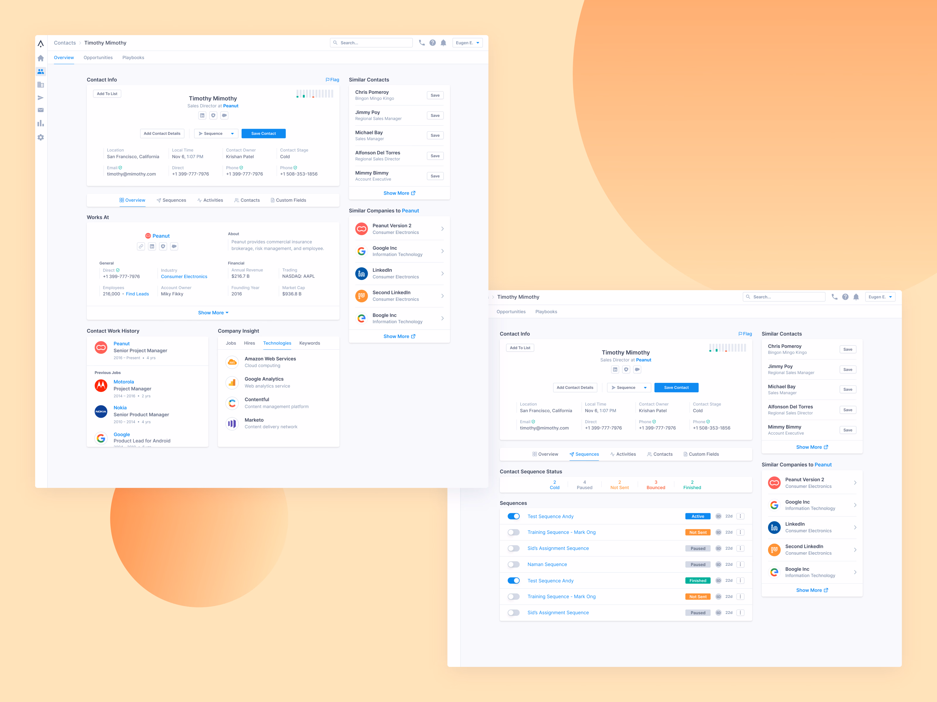 Earlier contact overview with sequences tab for Apollo