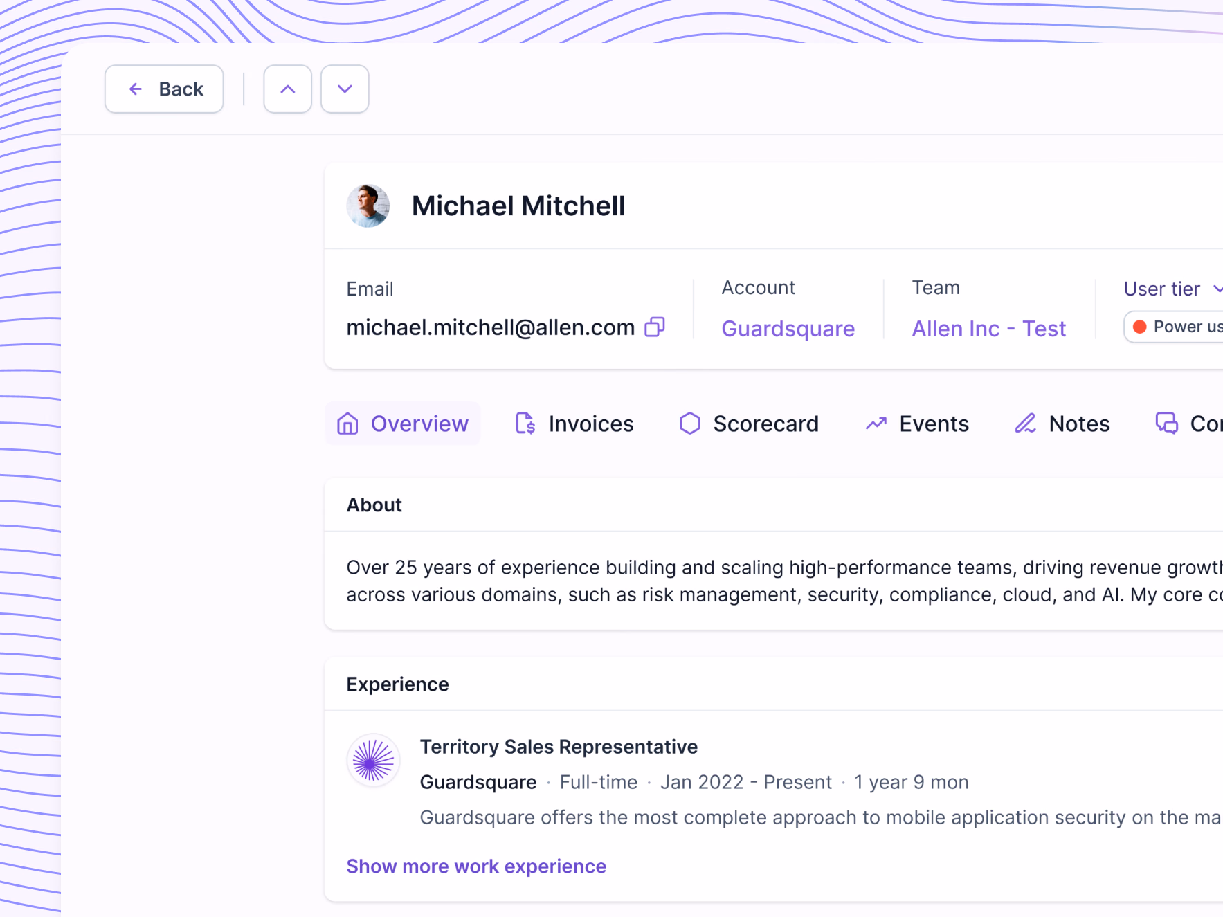 Contact page with work experience in Lantern's AI CRM