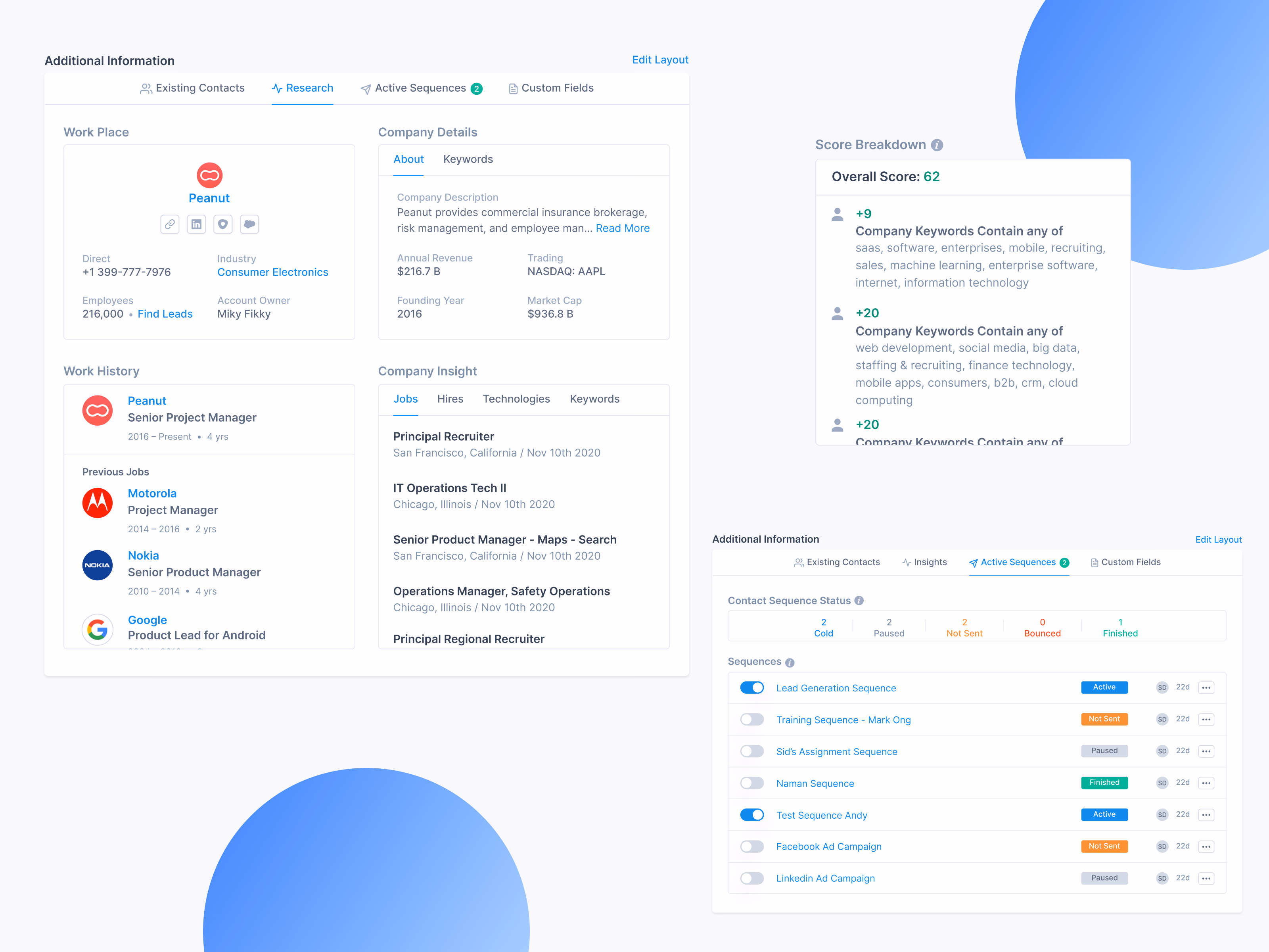 Contact page research and score widgets for Apollo