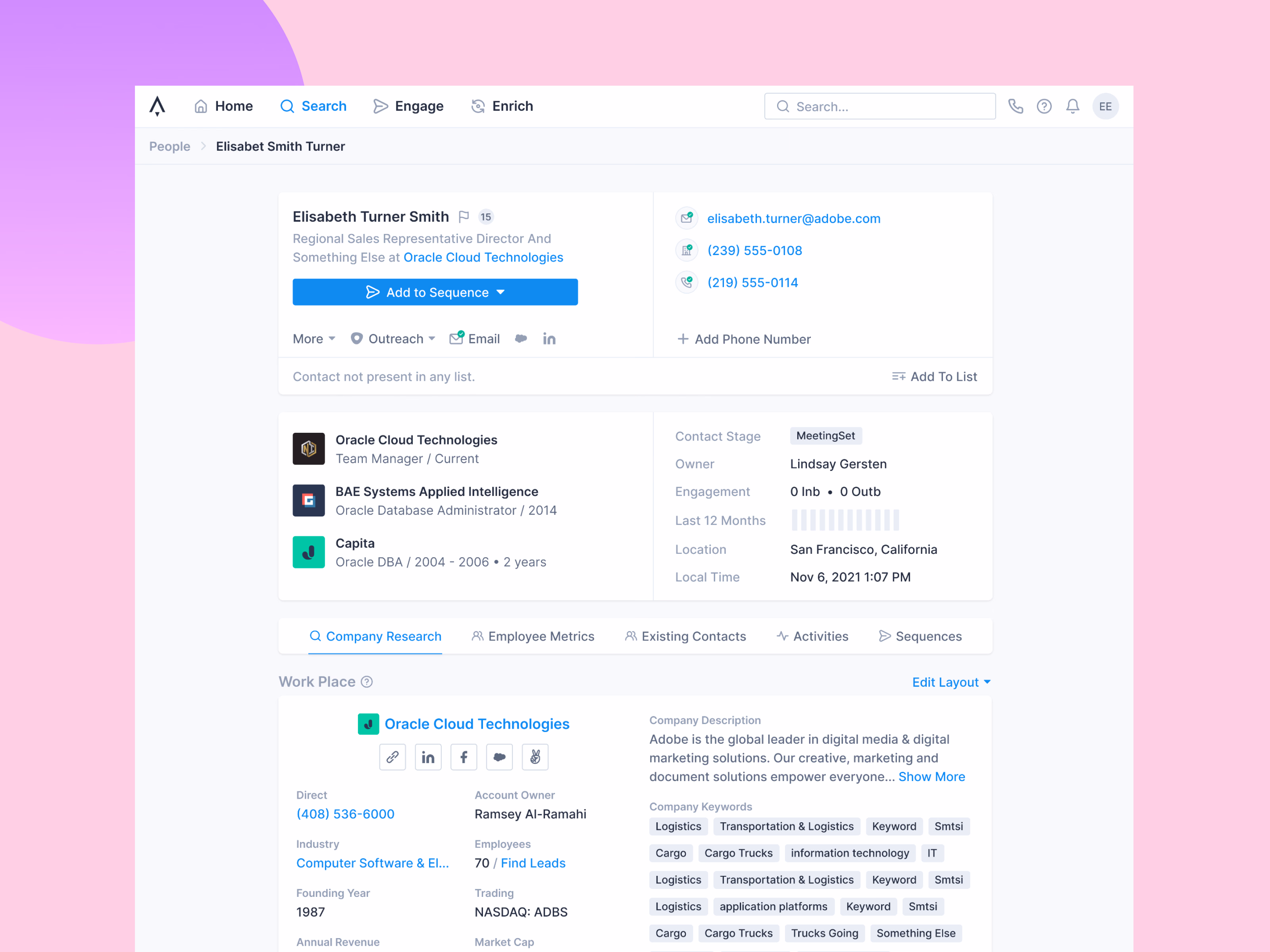 Contact page header and employment card in Apollo