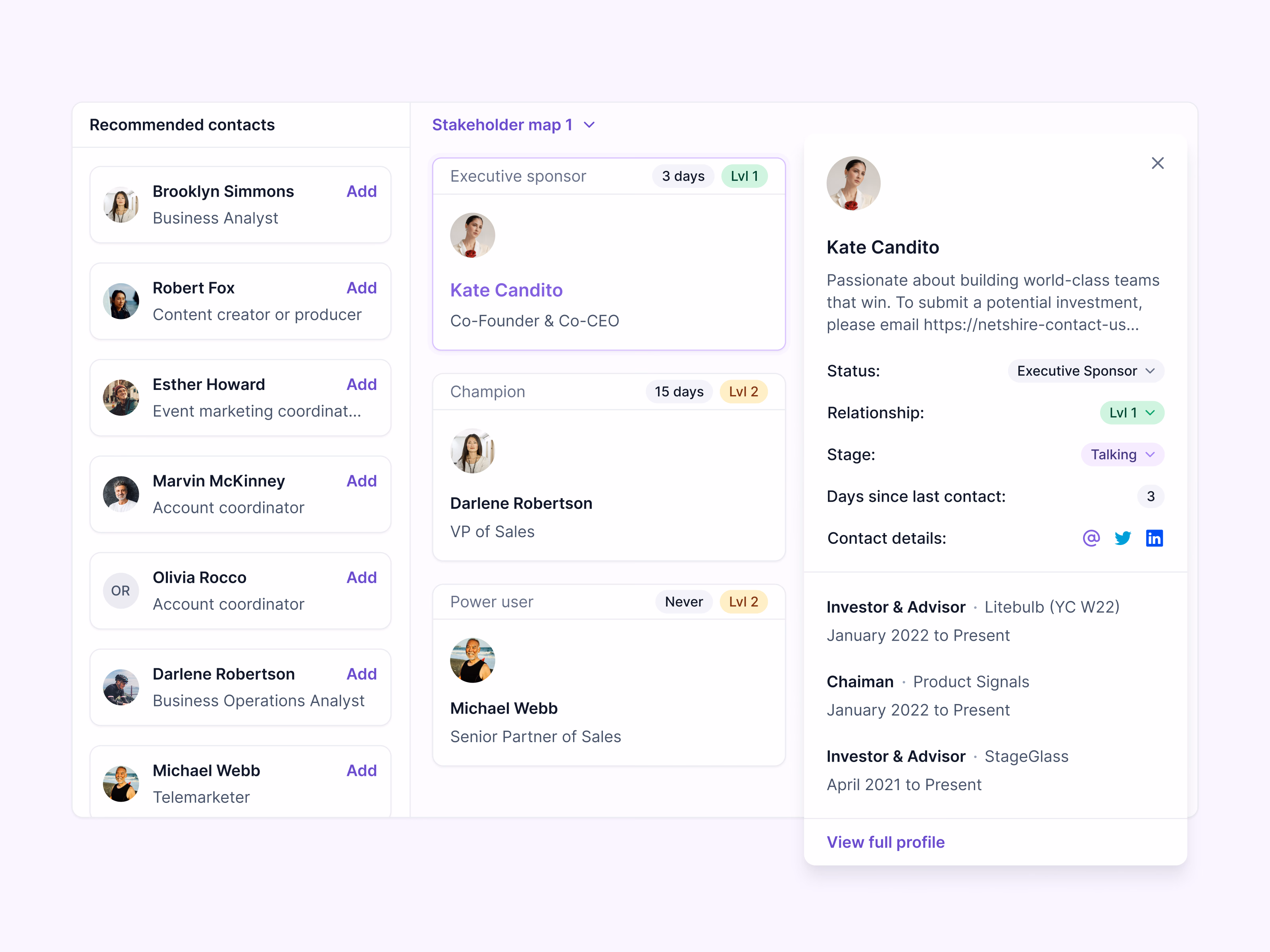 Stakeholder map with recommended contacts in Lantern