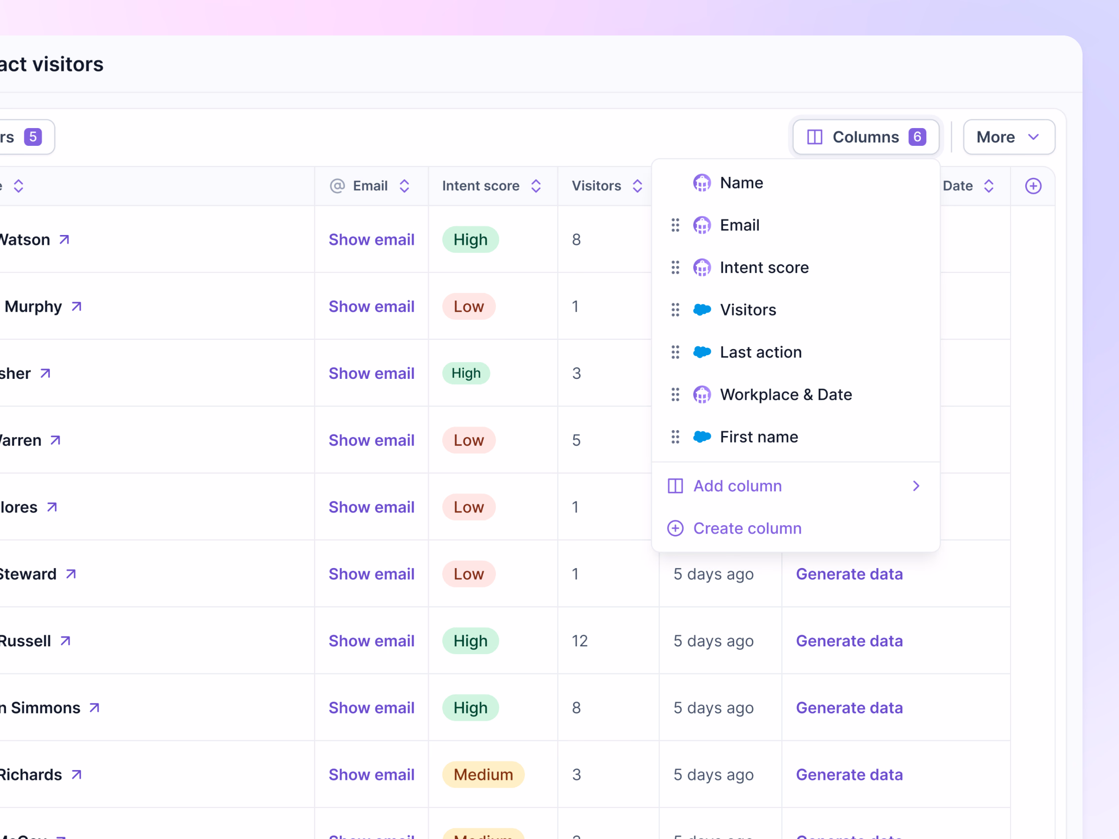 Customizable columns on Lantern's contact visitors table