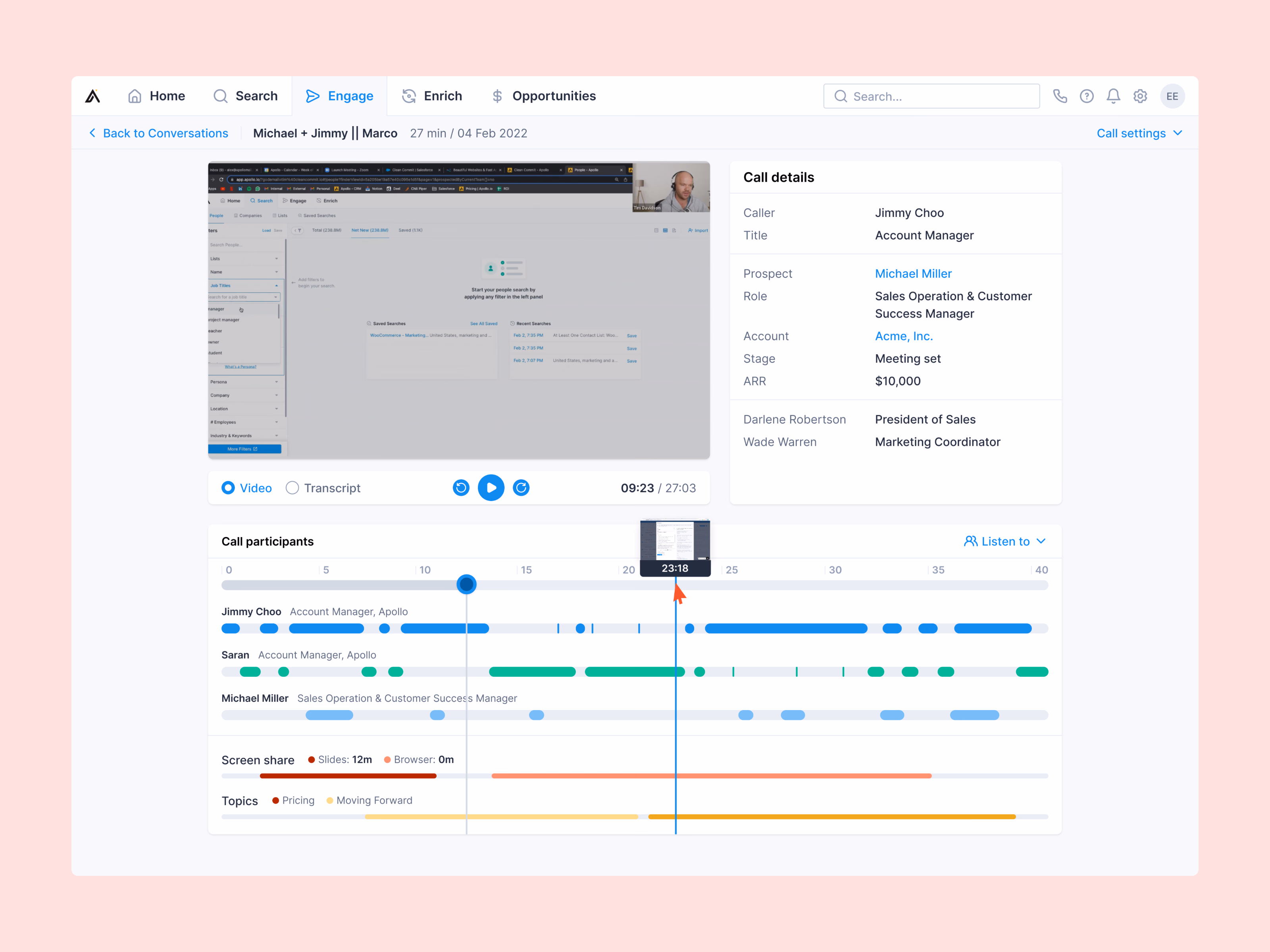 Sales call recording with speaker timeline in Apollo