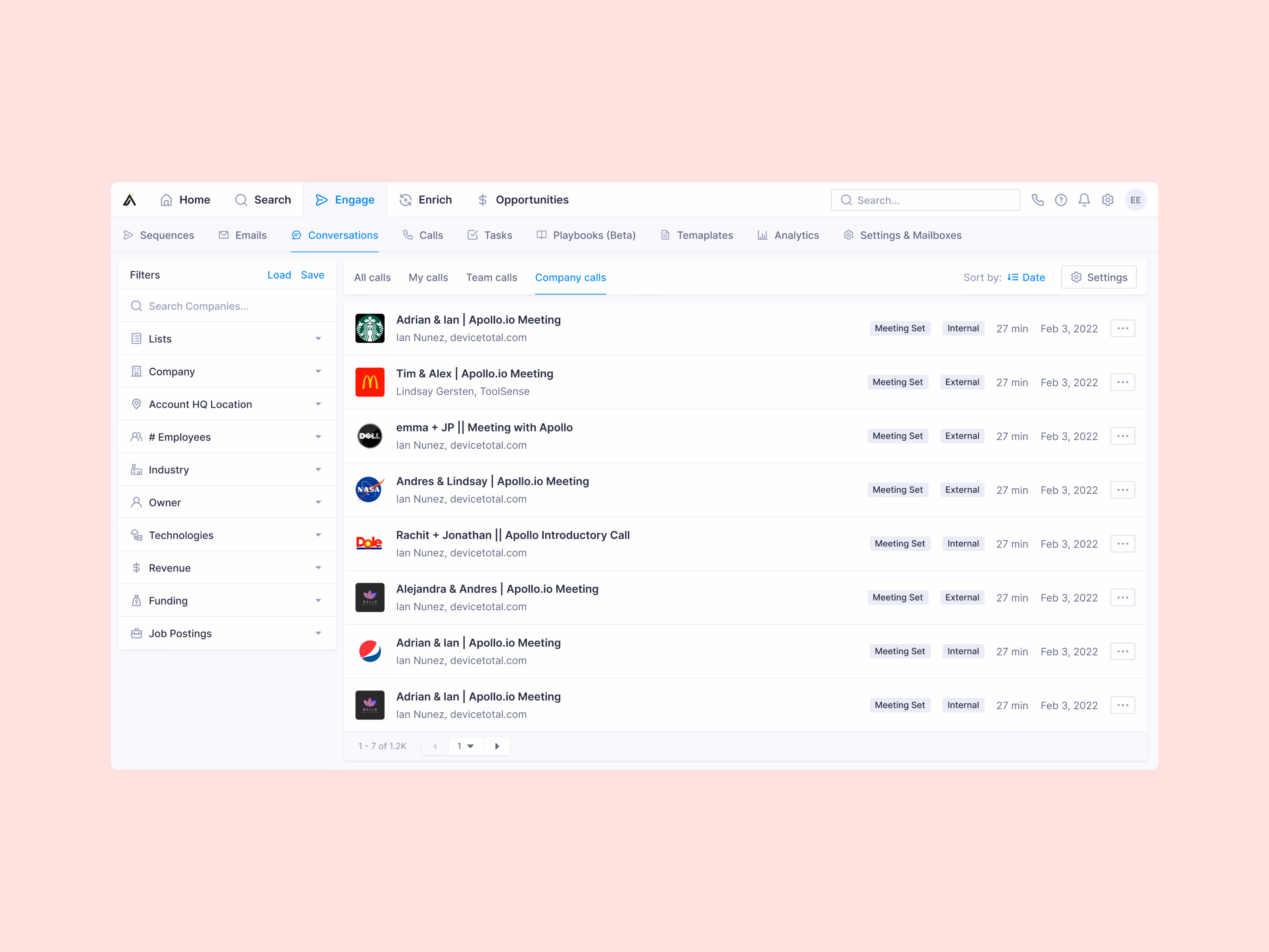 Recorded calls list with company filters in Apollo