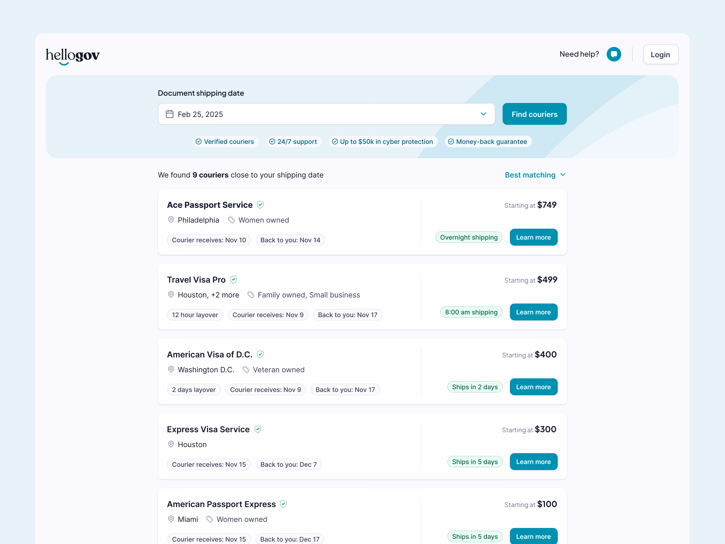 Passport courier comparison results for HelloGov