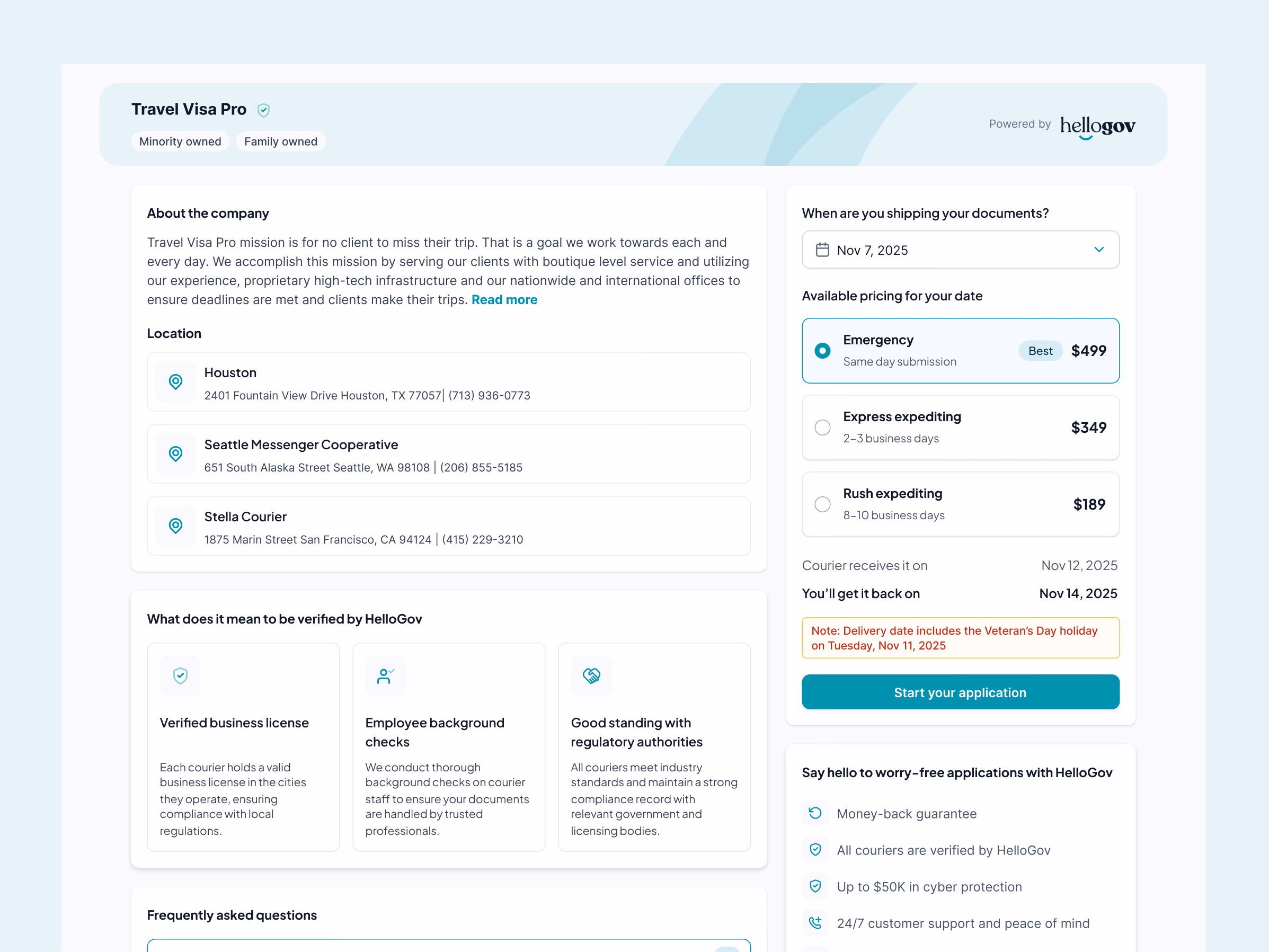 Passport courier profile and booking page for HelloGov