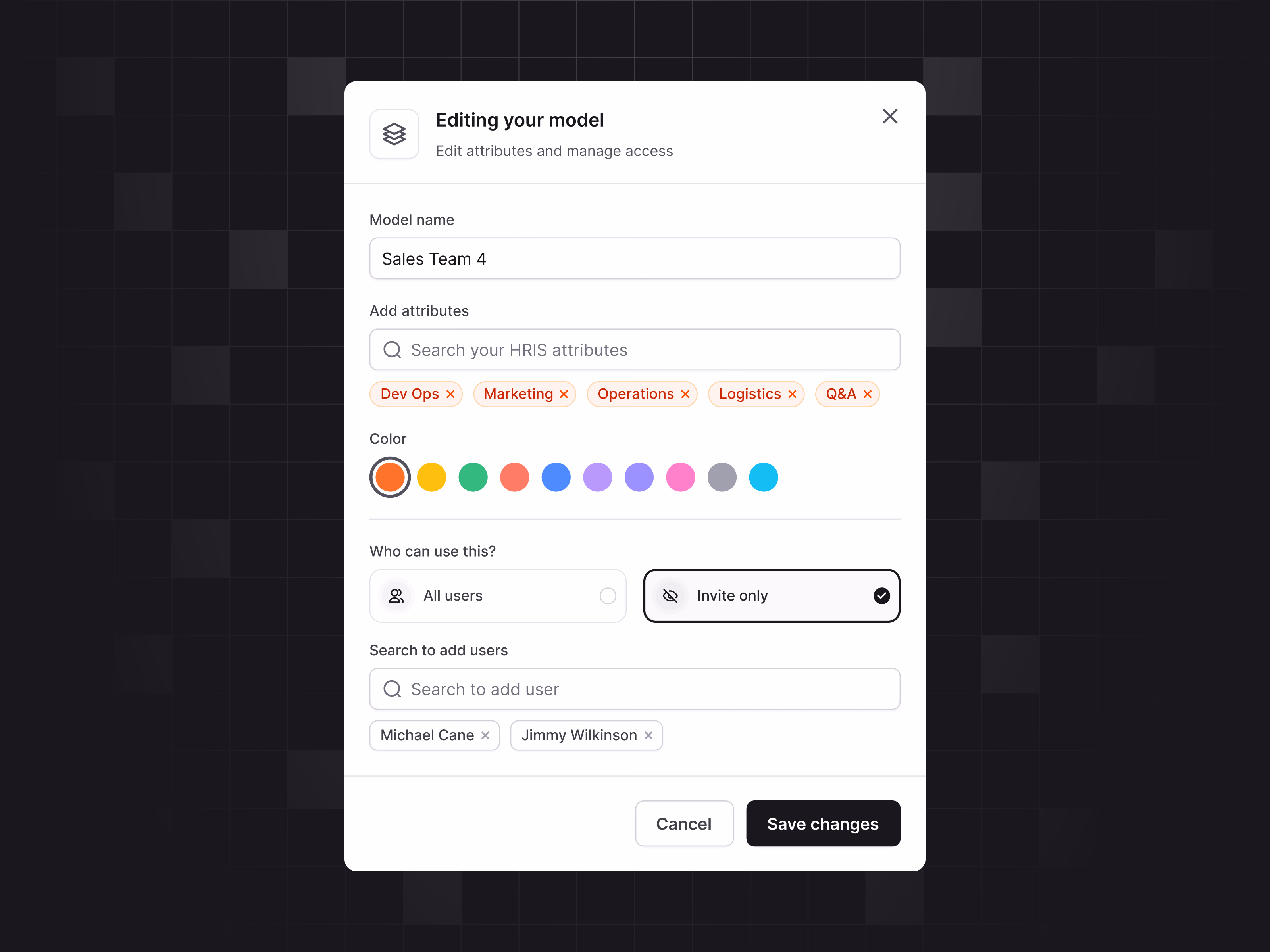 Create dimension modal with access settings in Horus