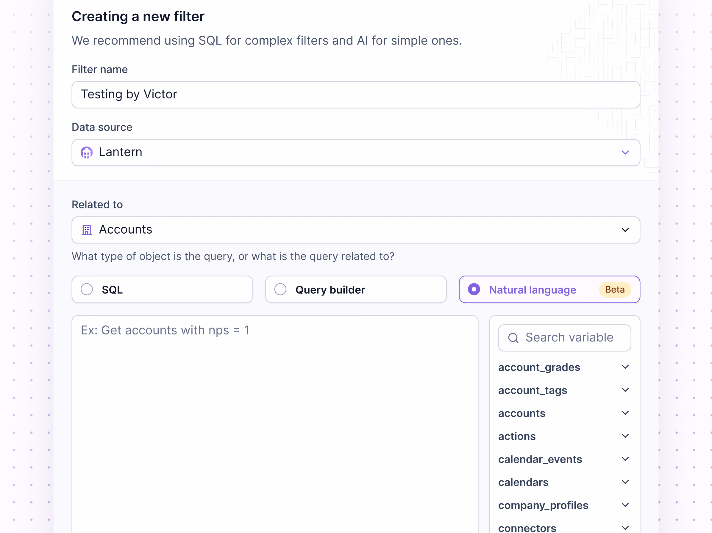 New filter form with SQL and AI query in Lantern