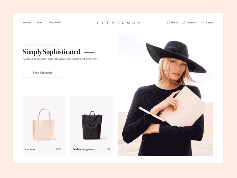 Single-flow checkout animation for Cuero&Mor bag store
