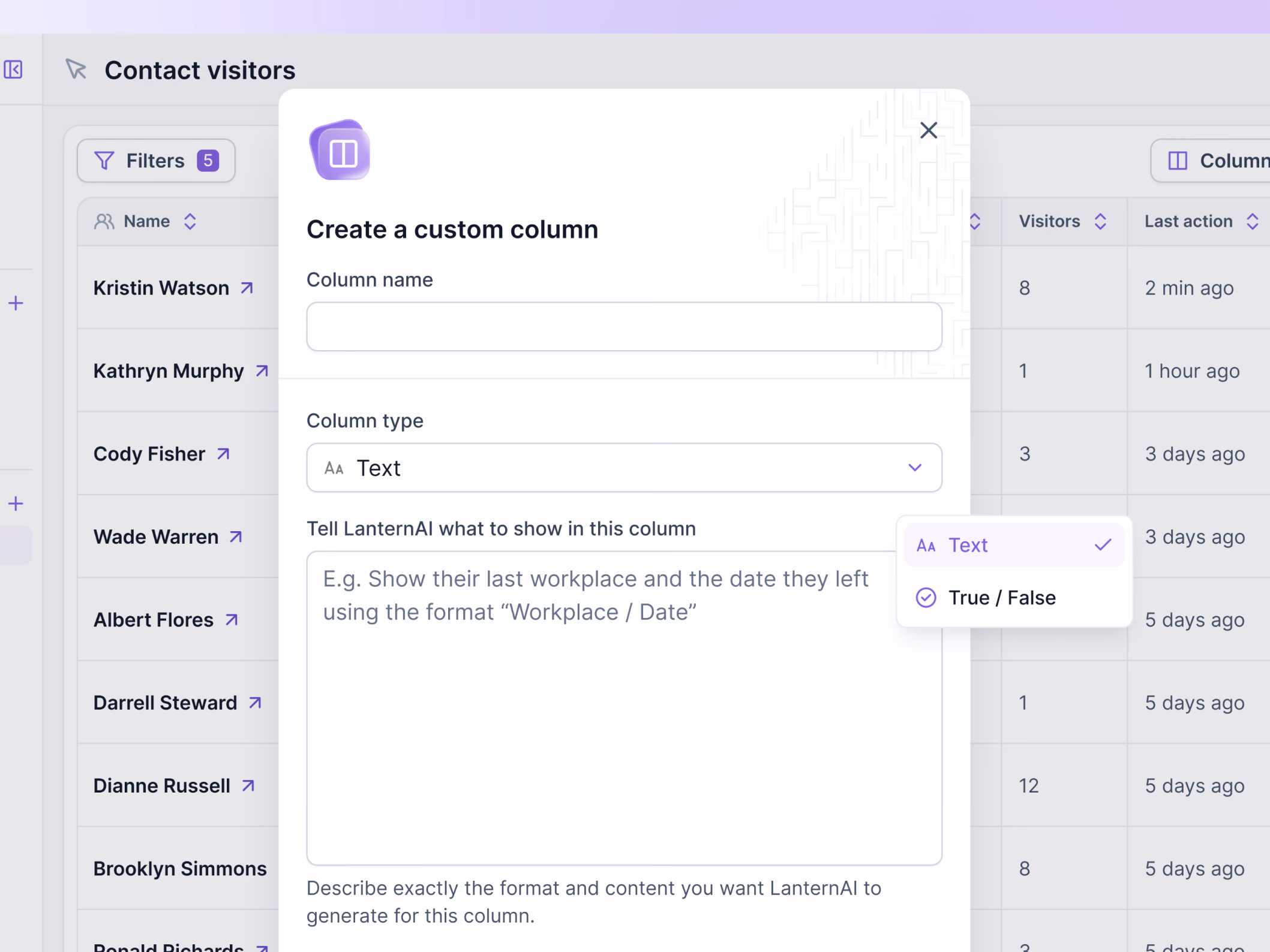 AI custom column creation dialog in Lantern