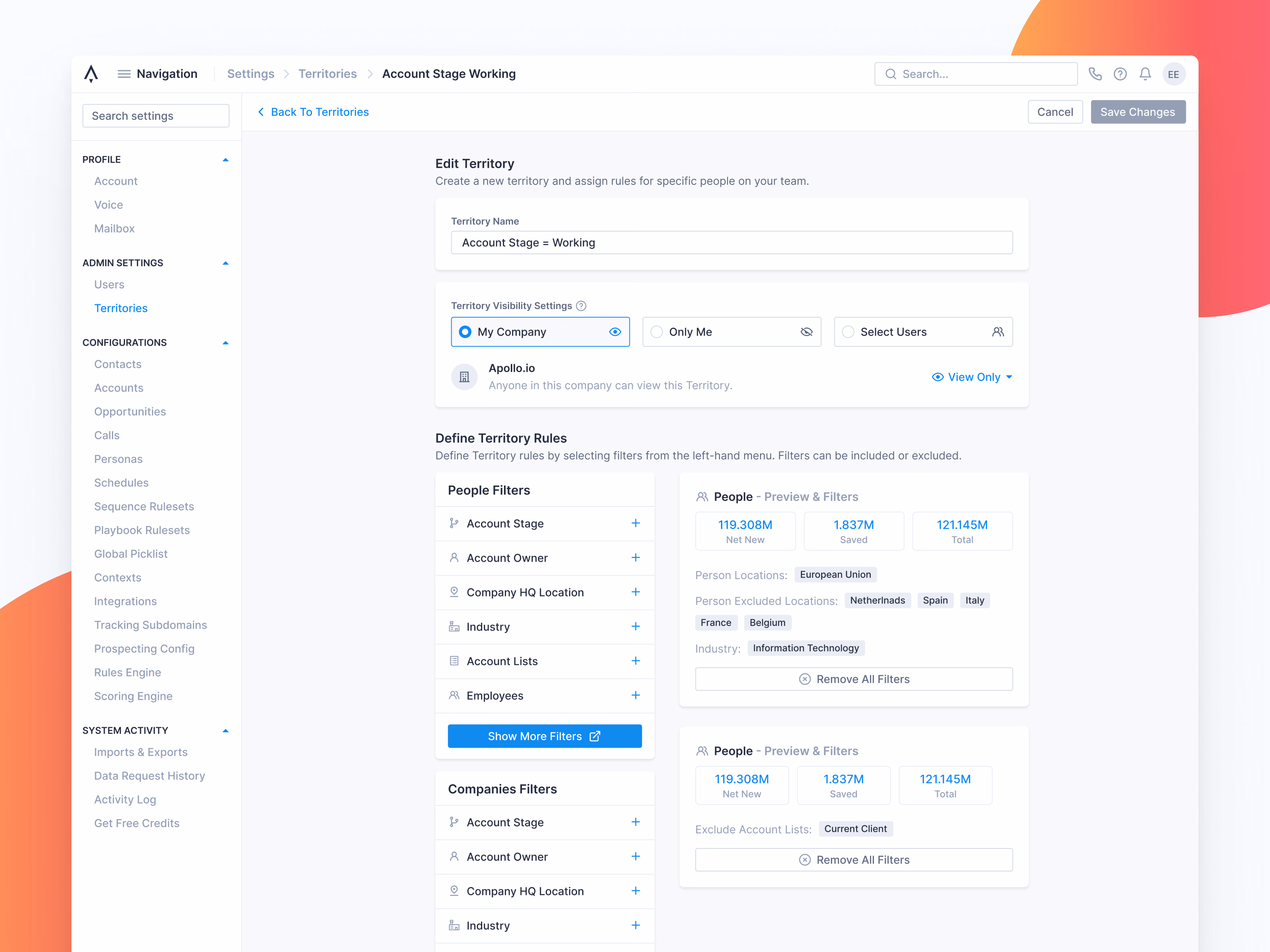 Territory editor with people and company filters in Apollo