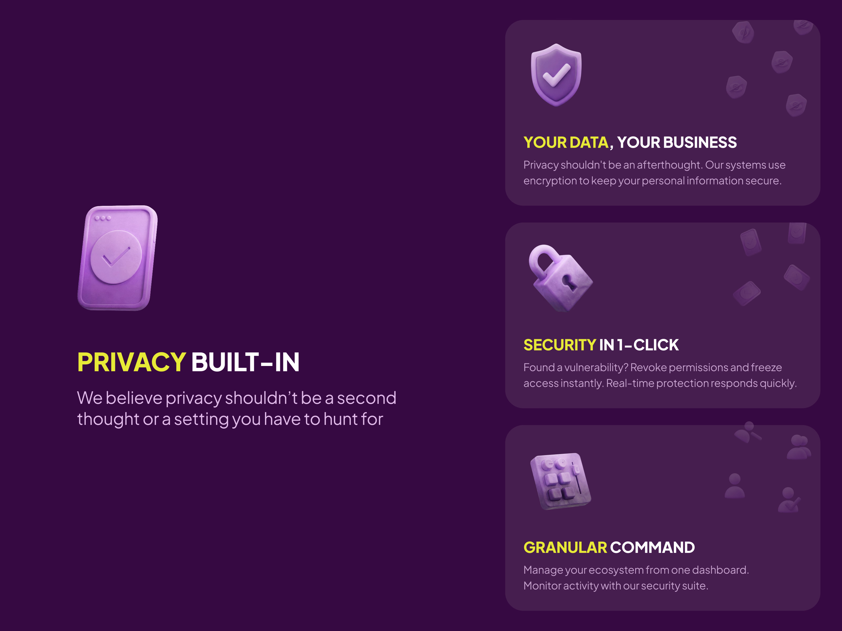 Cybersecurity SaaS privacy section with 3D clay icons
