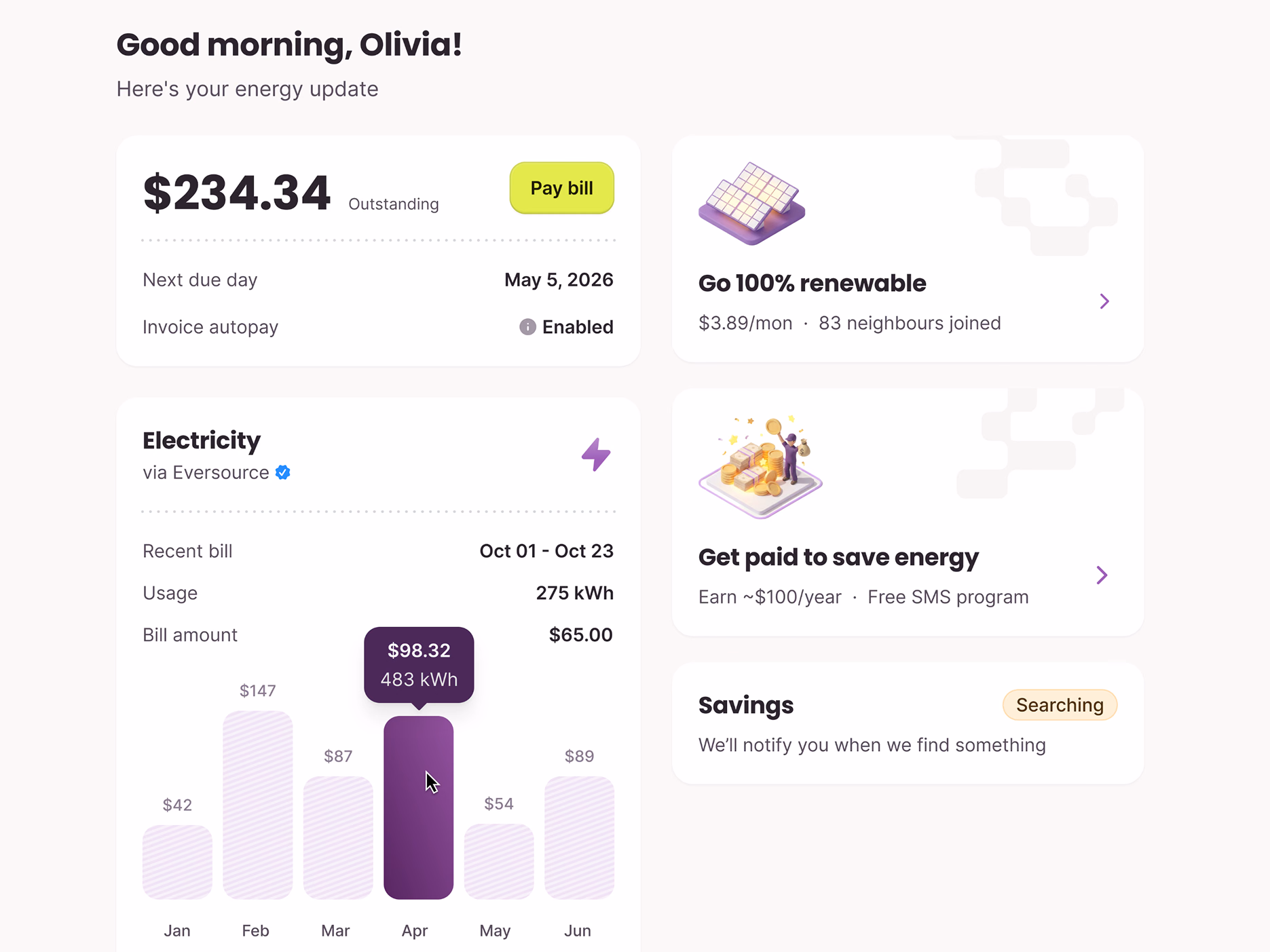 Energy bill and savings dashboard for Public Grid
