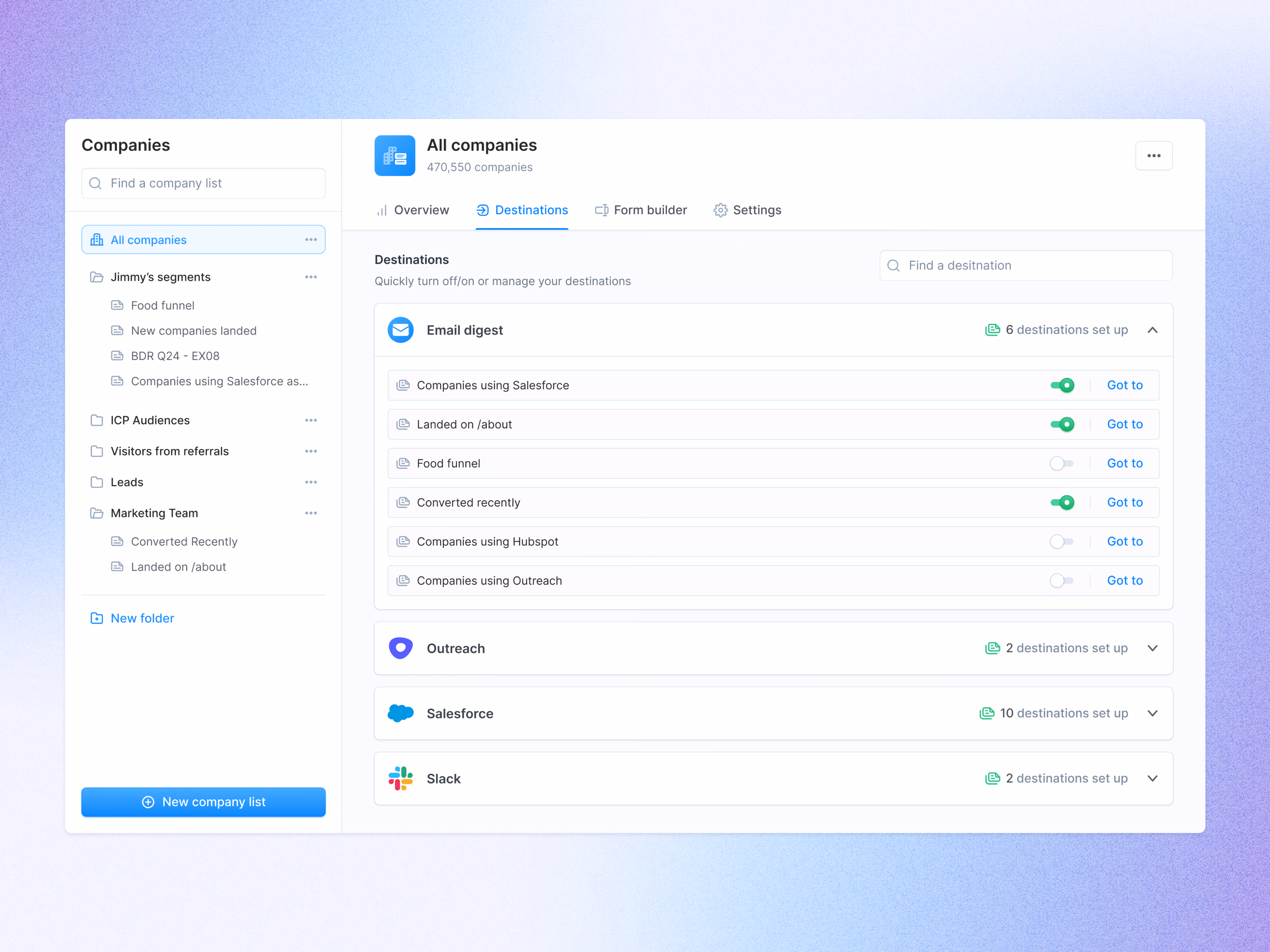 Company list destination settings for a B2B sales tool