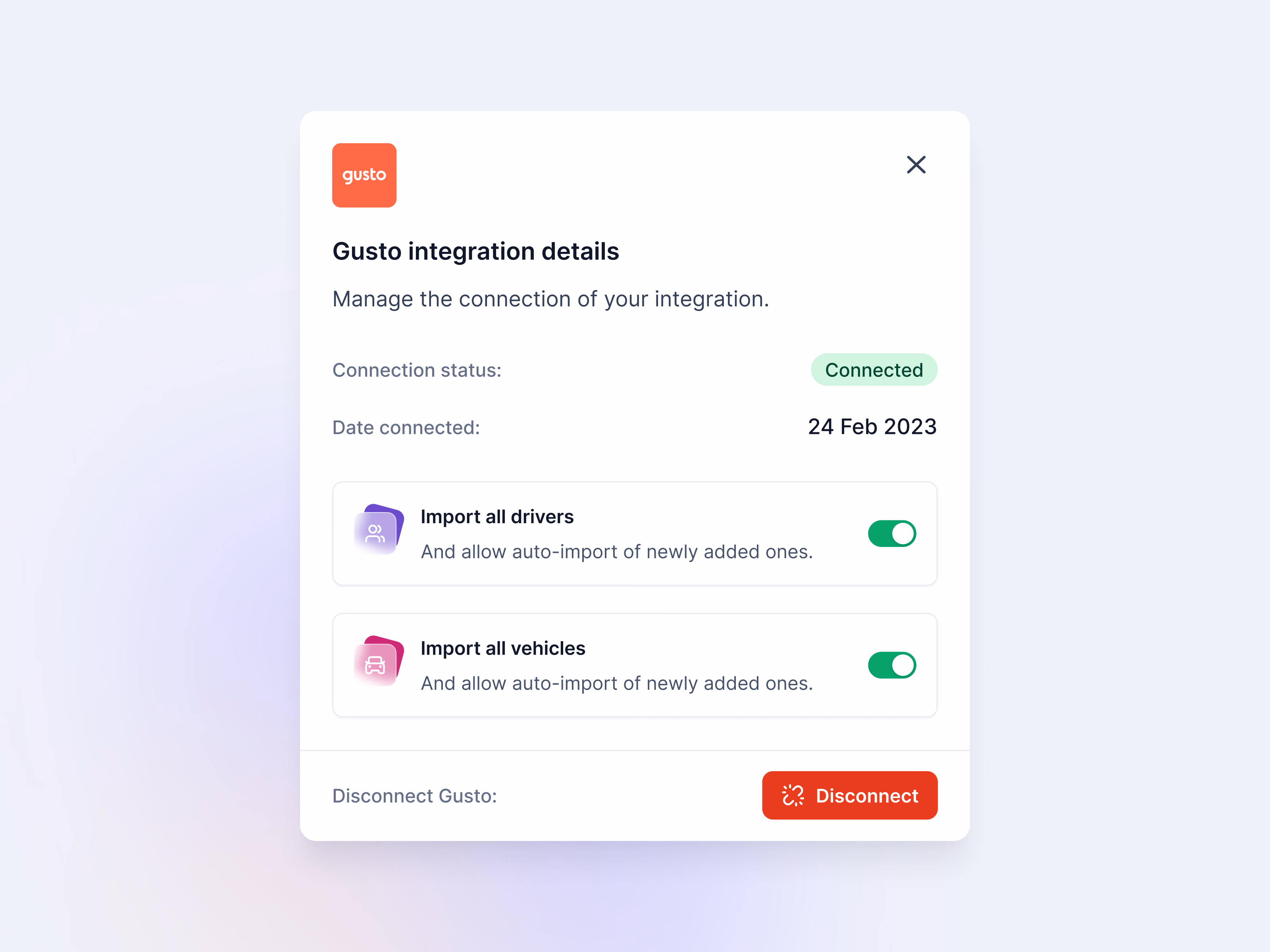 Gusto integration details and disconnect modal for Complicore