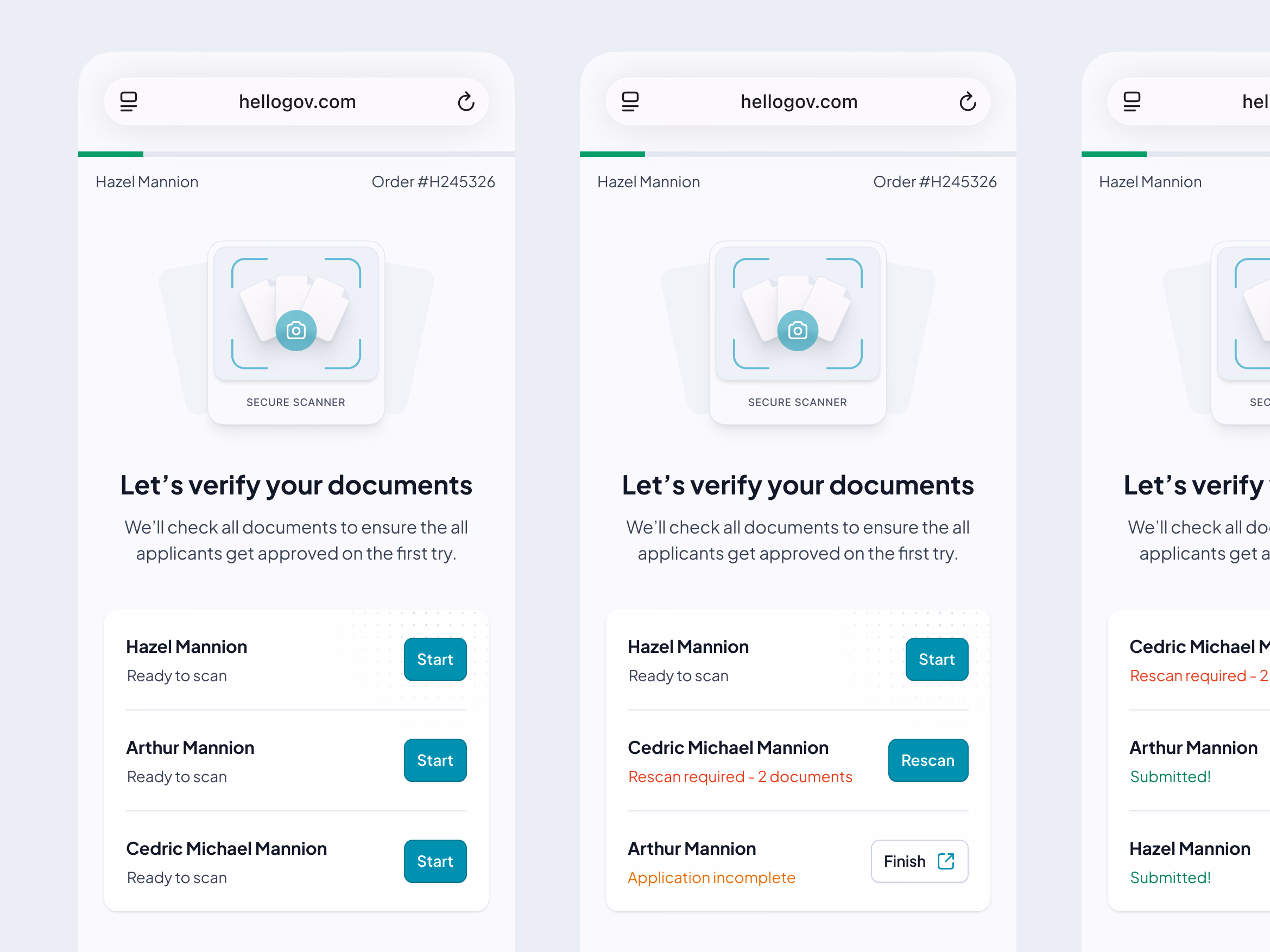 Mobile passport document verification flow for HelloGov