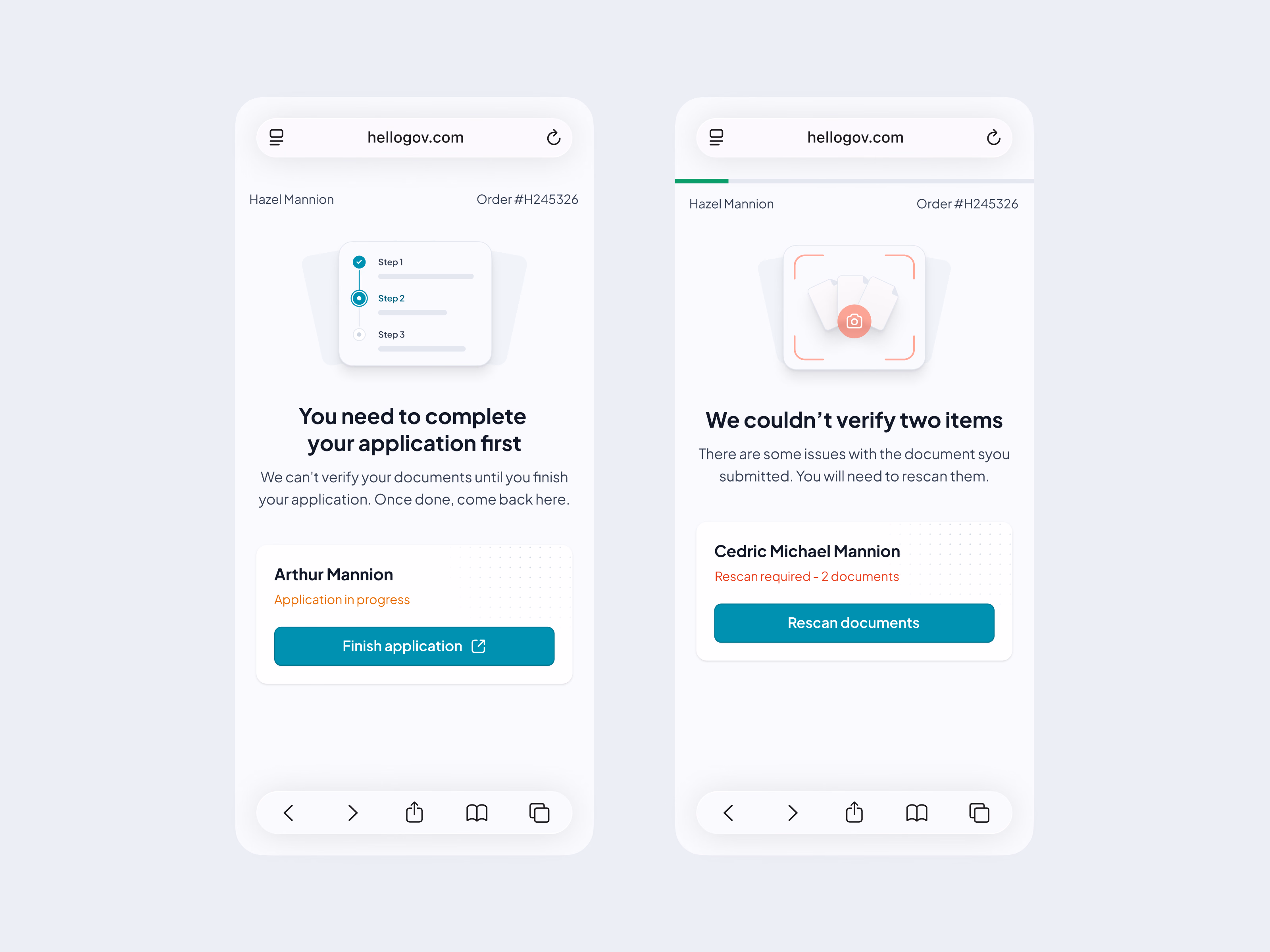 Two phone screens: one applicant must finish their application first, another must rescan two documents