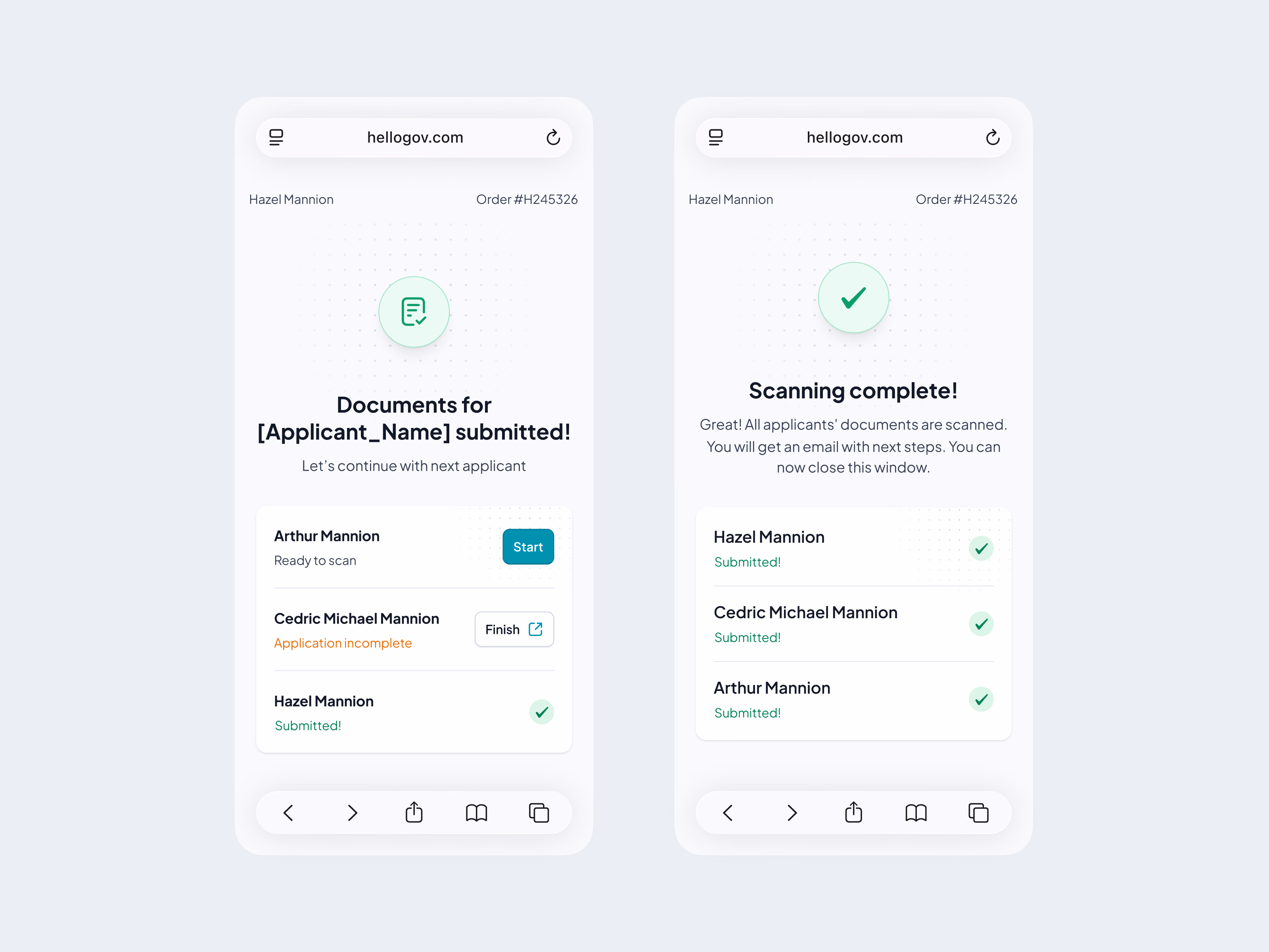 Two phone screens: a family list with one applicant ready to scan, one unfinished and one submitted, then Scanning complete