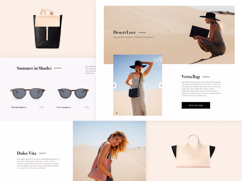 Editorial ecommerce landing page for bags and sunglasses