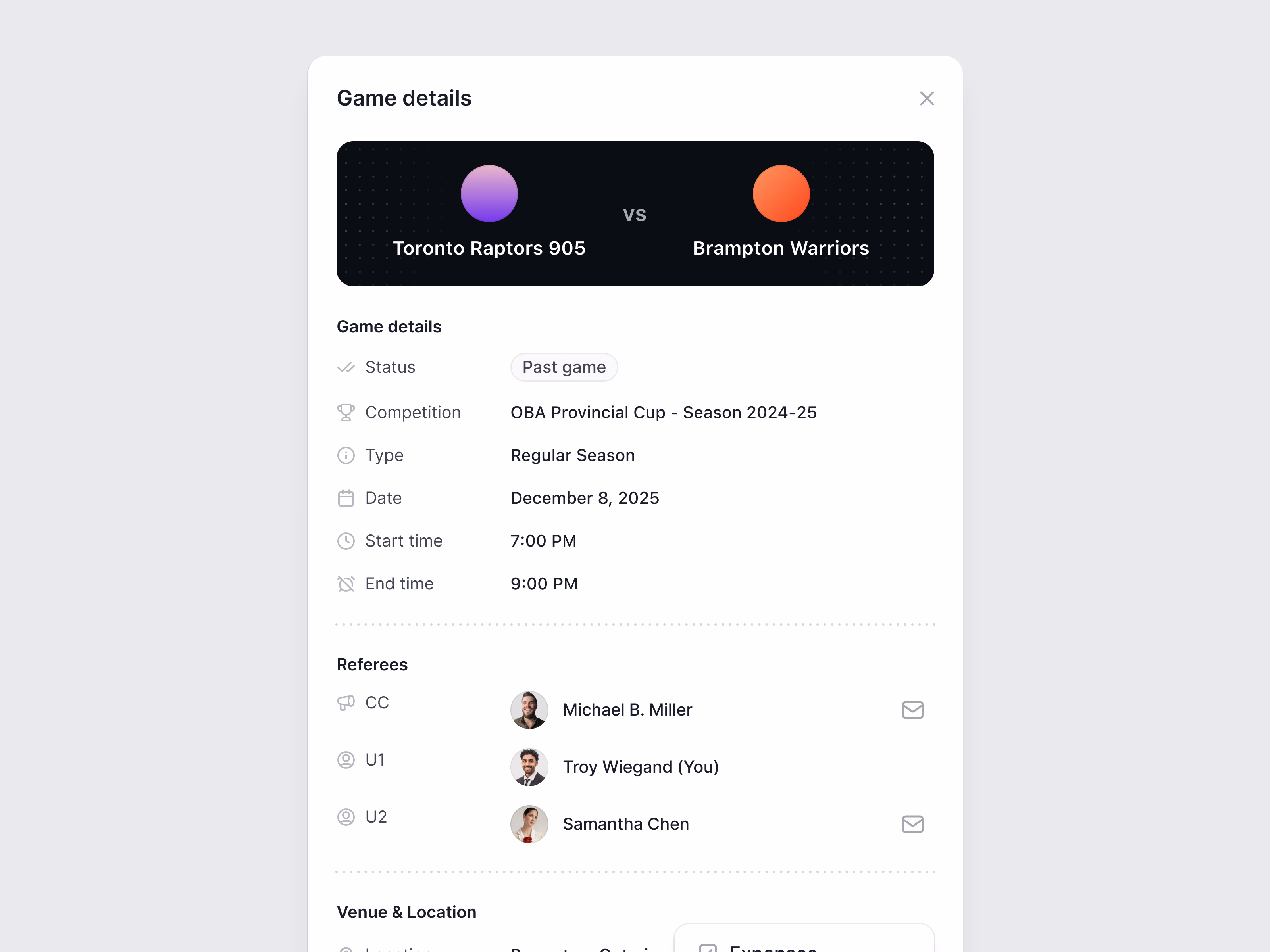 Basketball game details and reporting panel in EDGE