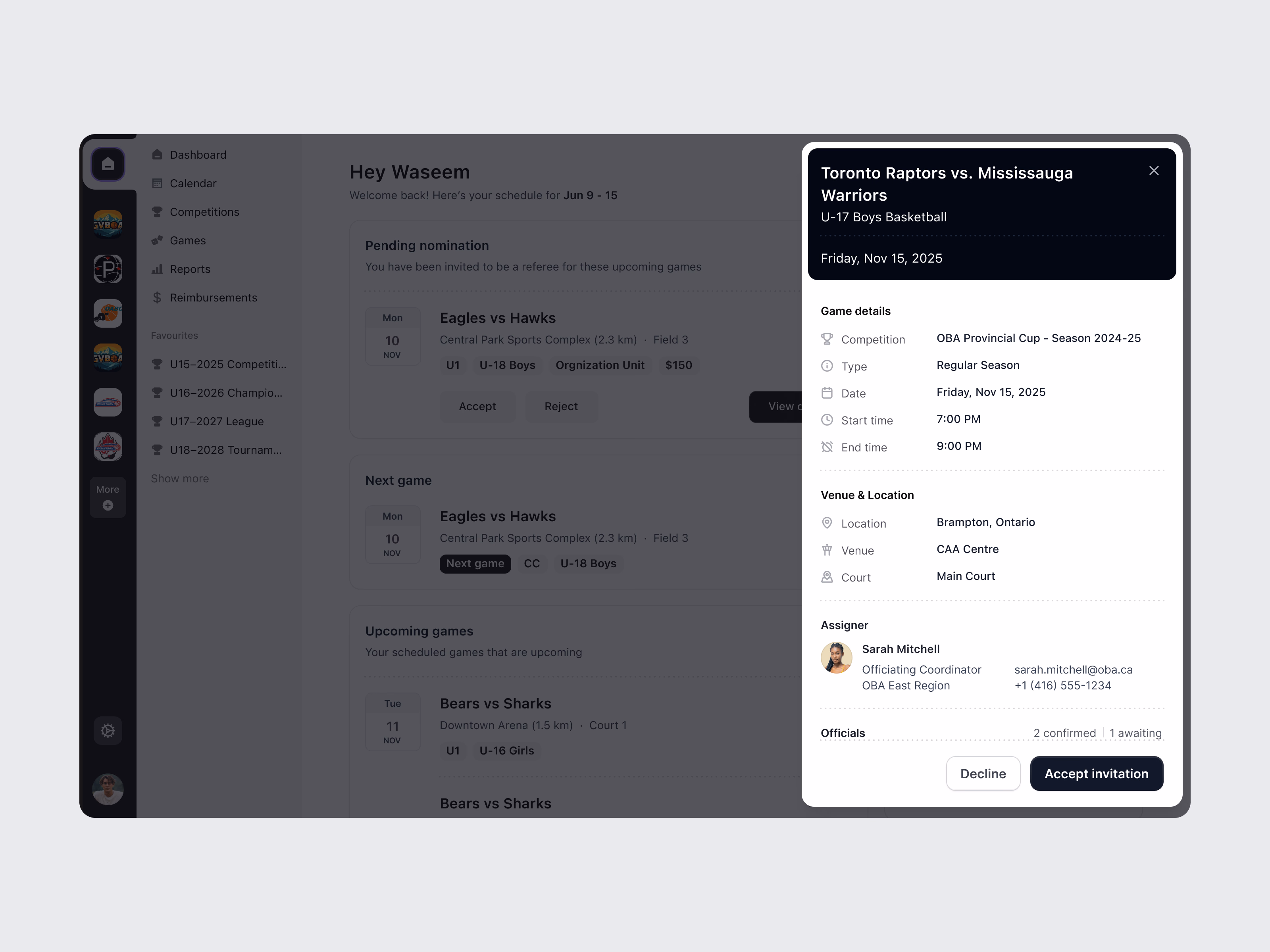 Game invitation panel over the referee dashboard: game details, venue, assigner, officials and Accept invitation
