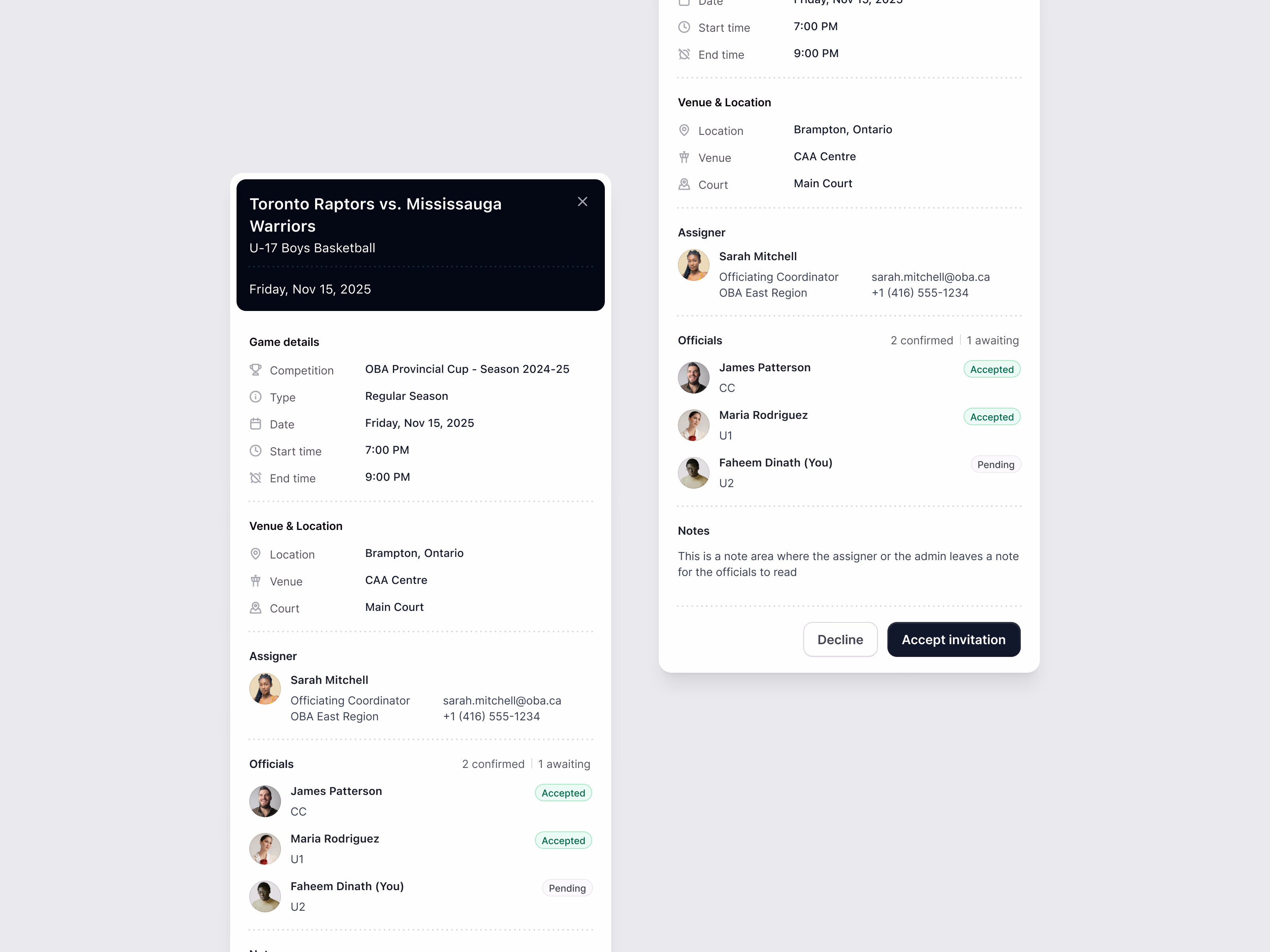 Basketball referee game invitation panel in EDGE