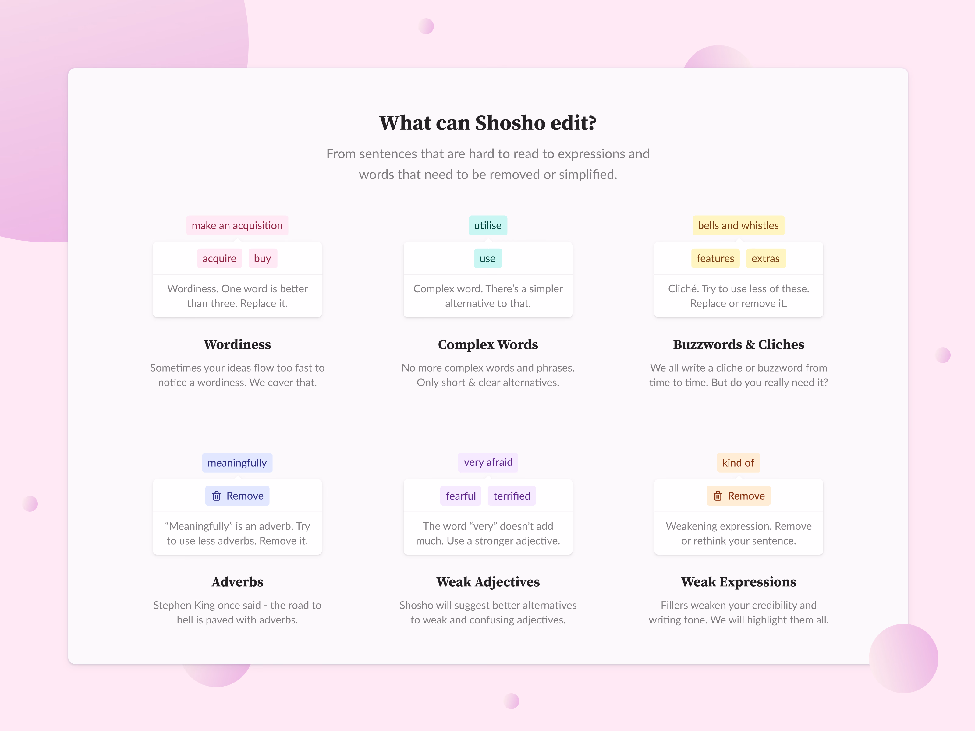 Writing mistake categories website section for Shosho
