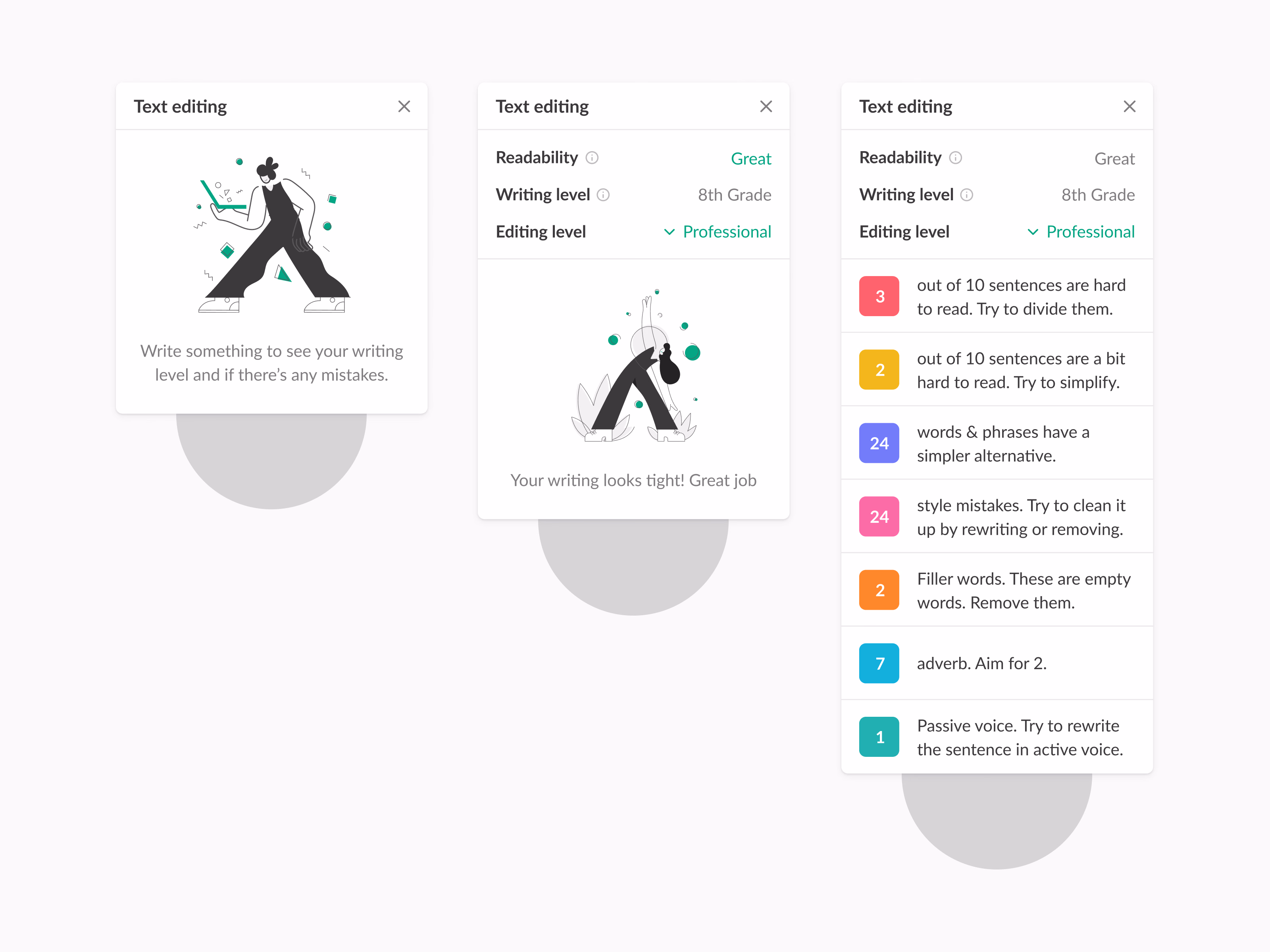 Text editing panel states in the Shosho writing app