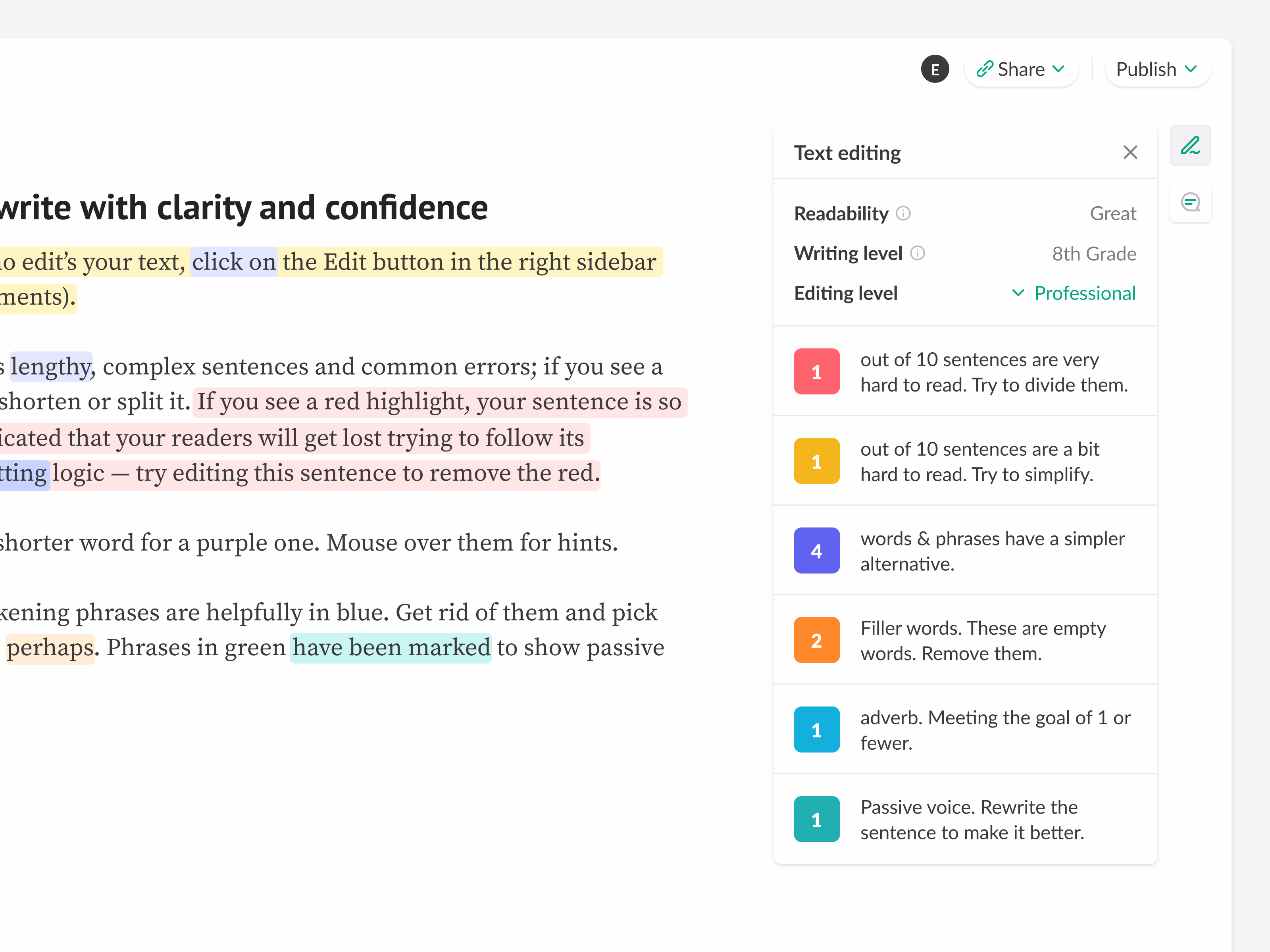 Writing feedback sidebar in Shosho's edit mode