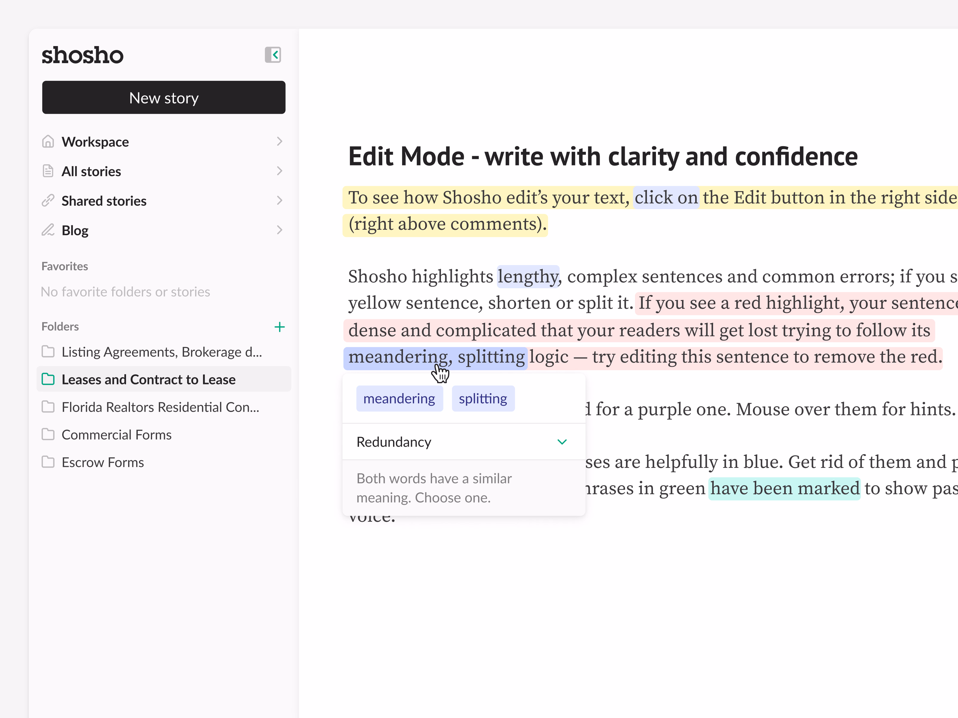 Color-coded writing edit mode in Shosho