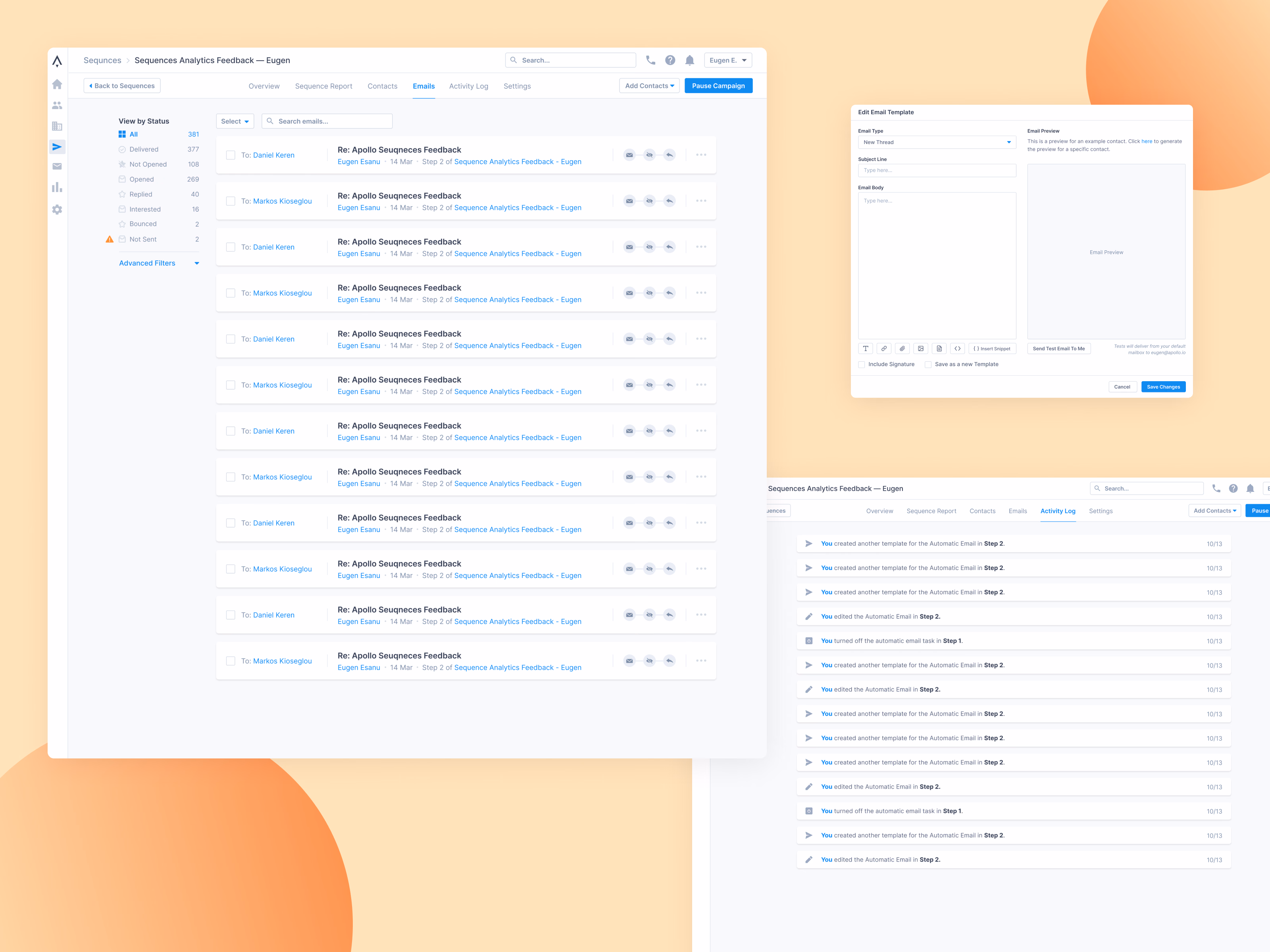 Sequence sent emails tab and template editor in Apollo