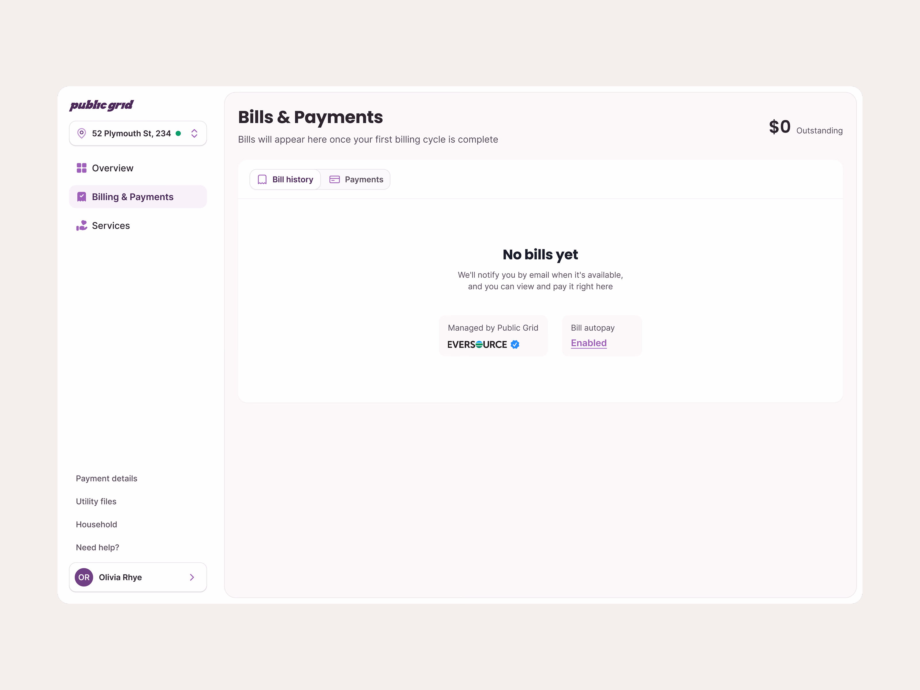 Utility bills empty state for the Public Grid app