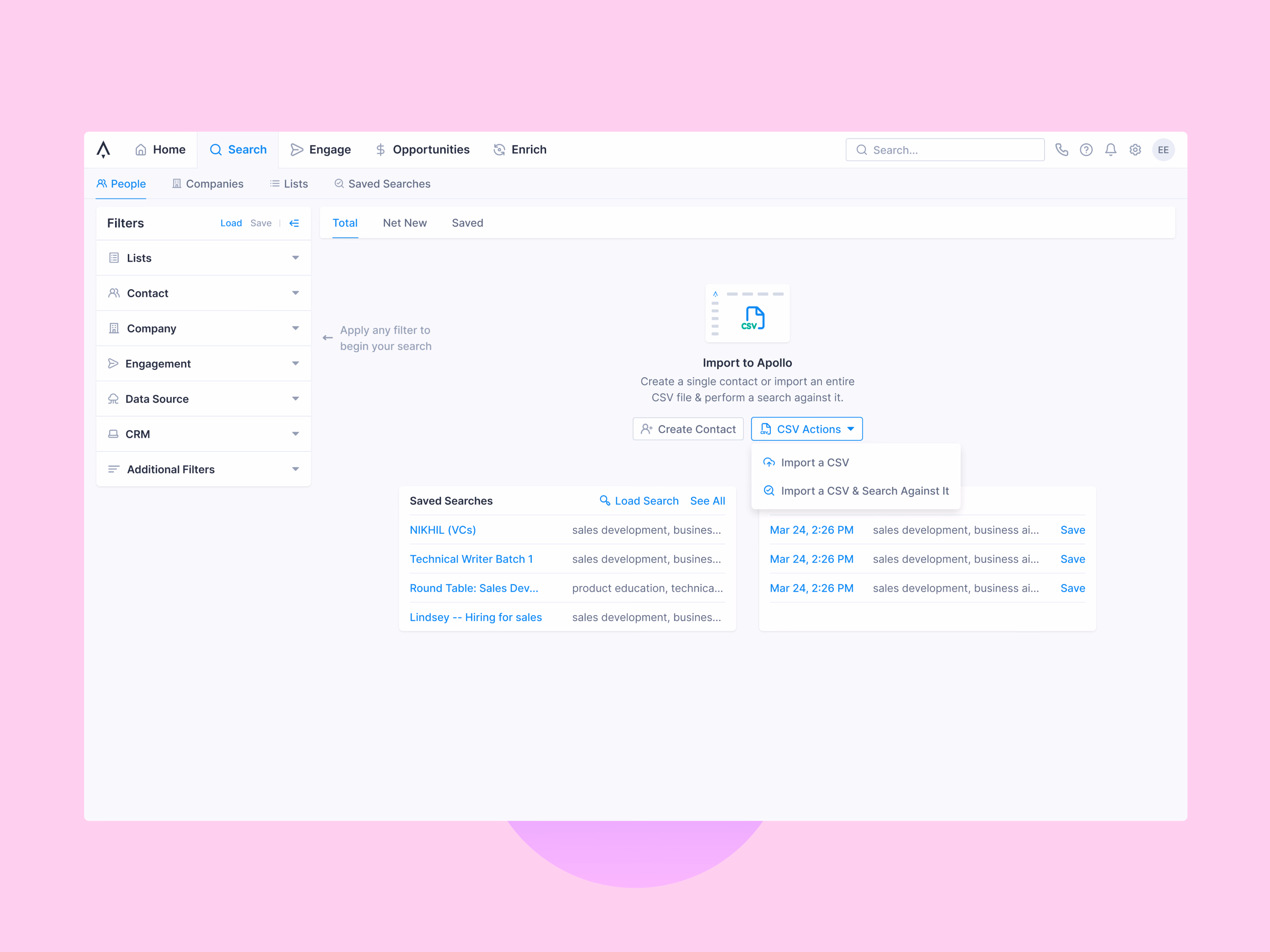 Search empty state with import actions in Apollo