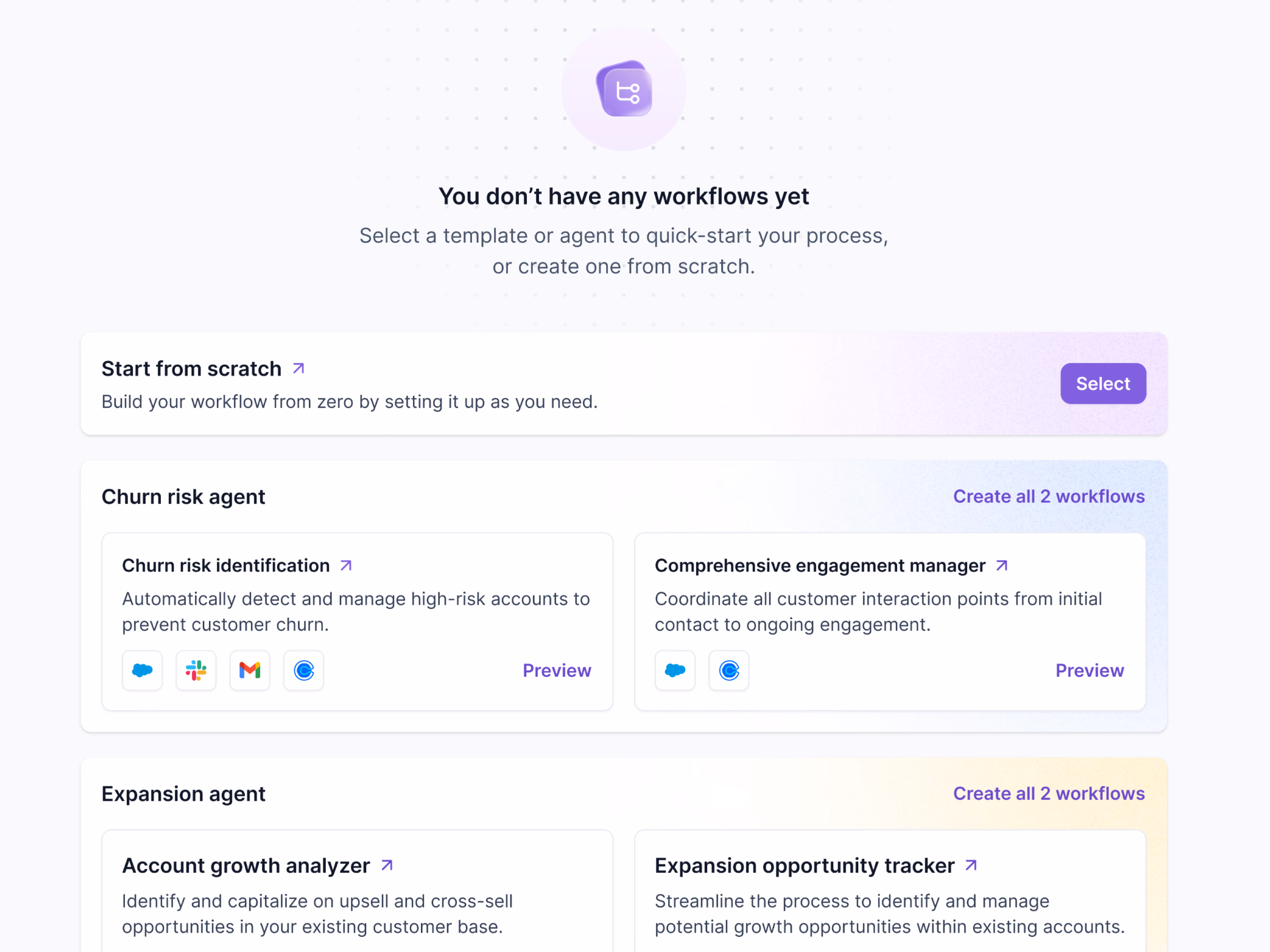 Workflows empty state with templates in Lantern's AI CRM