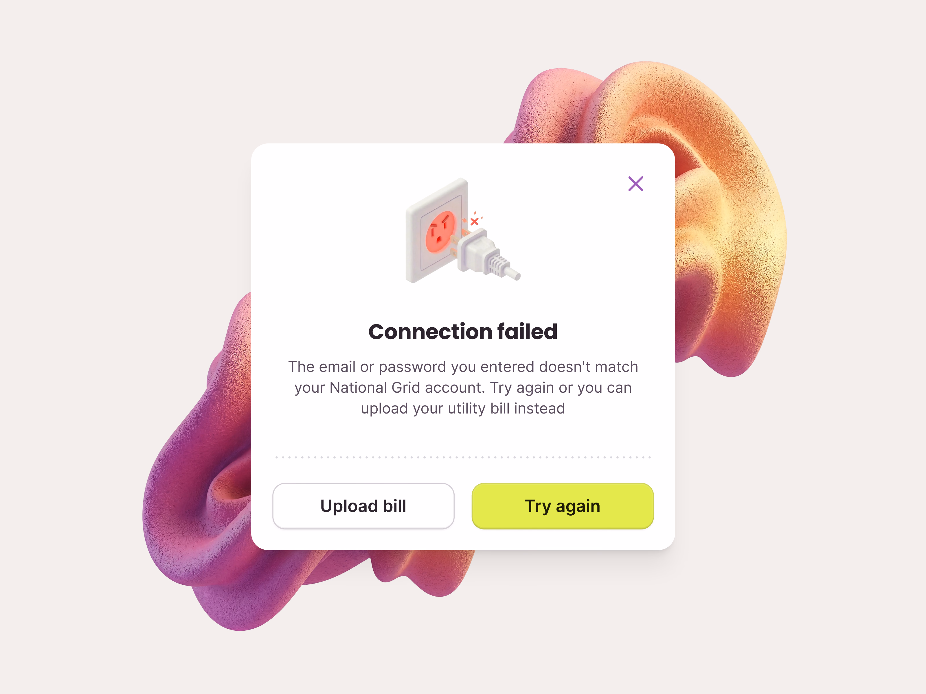 Utility login error modal for Public Grid onboarding