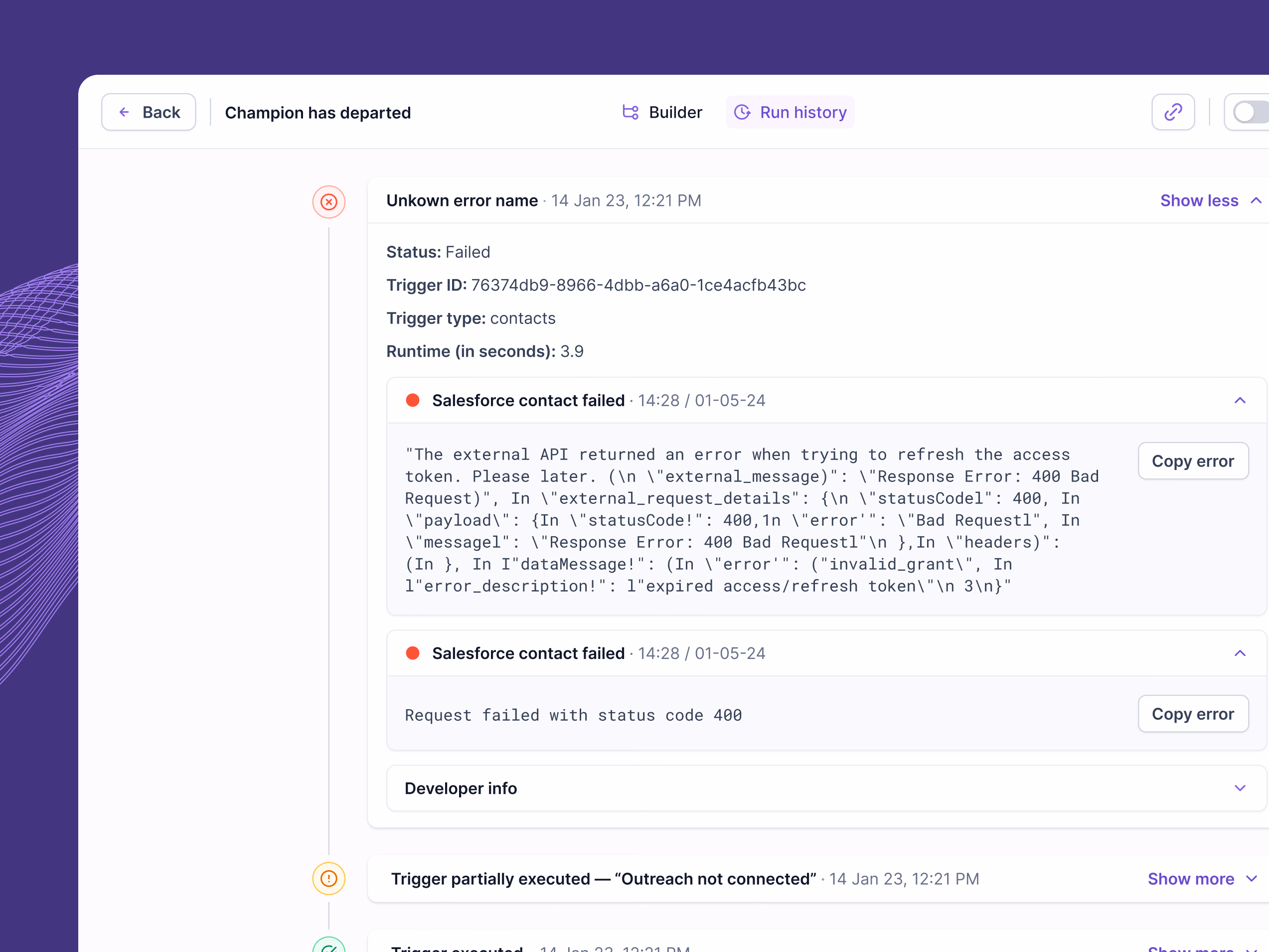 Workflow run history and error feed for Lantern