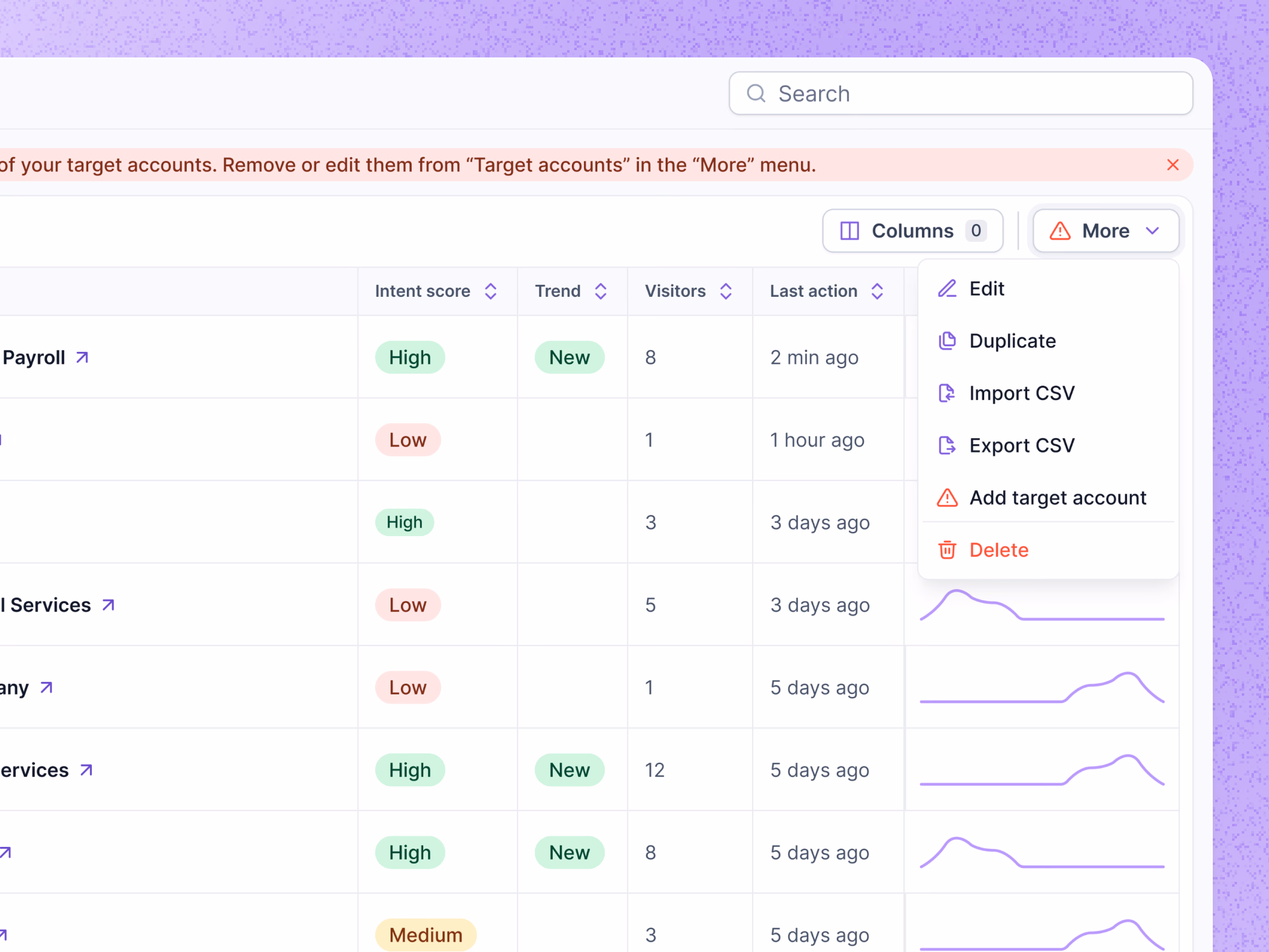 Error banner on the accounts table in Lantern's AI CRM