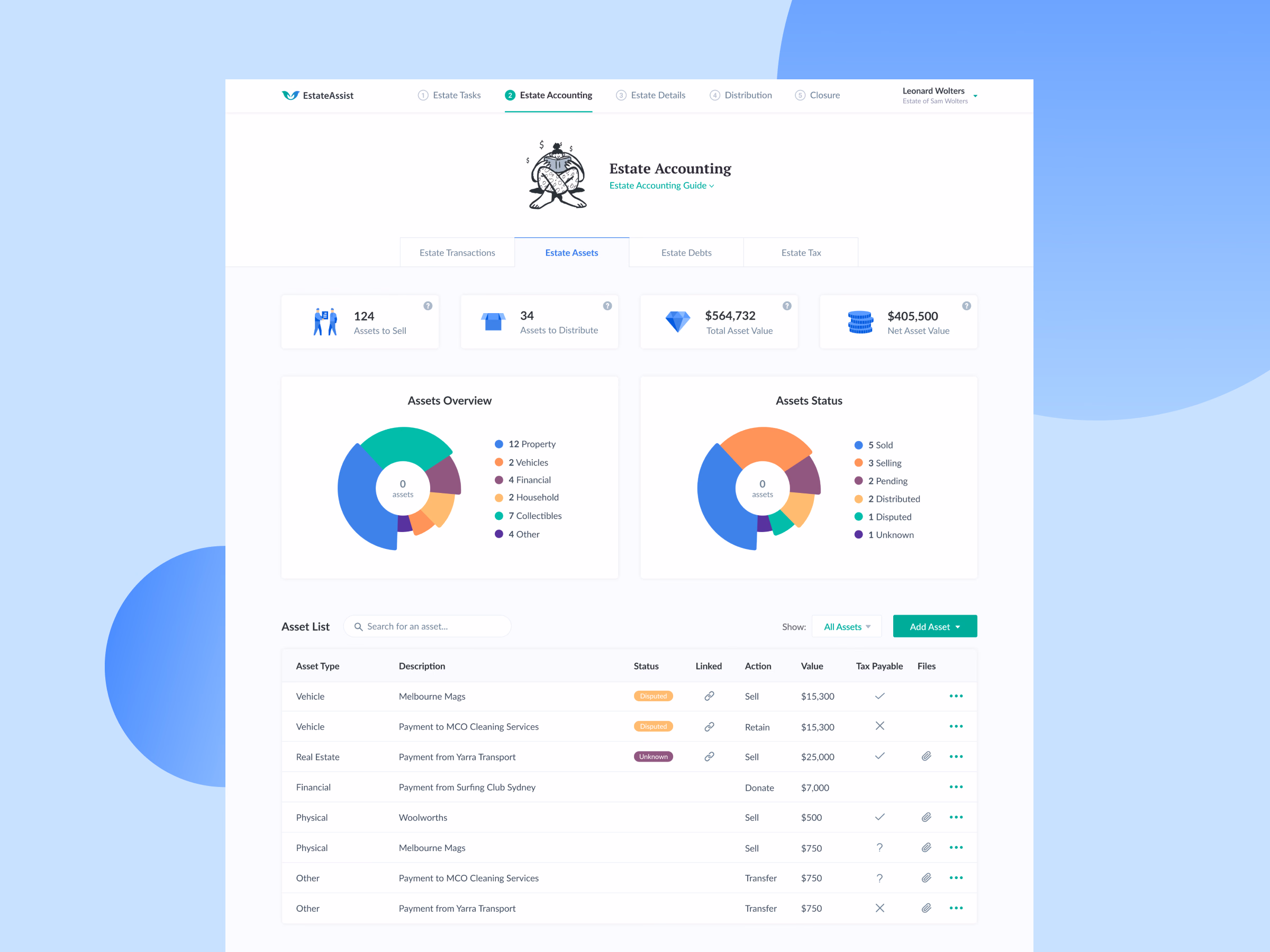 Estate asset management dashboard for EstateAssist