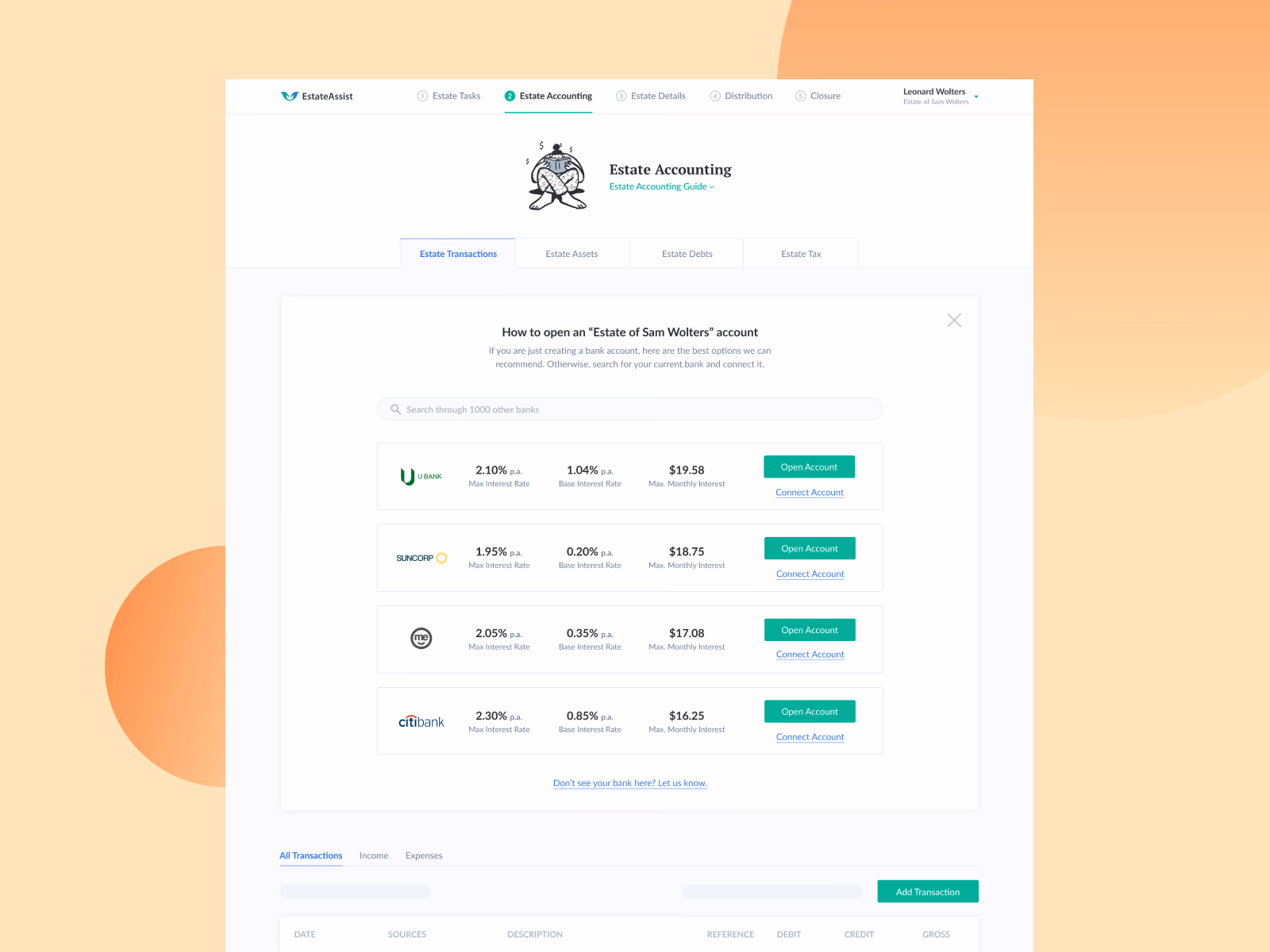 Estate bank account connection screen for EstateAssist