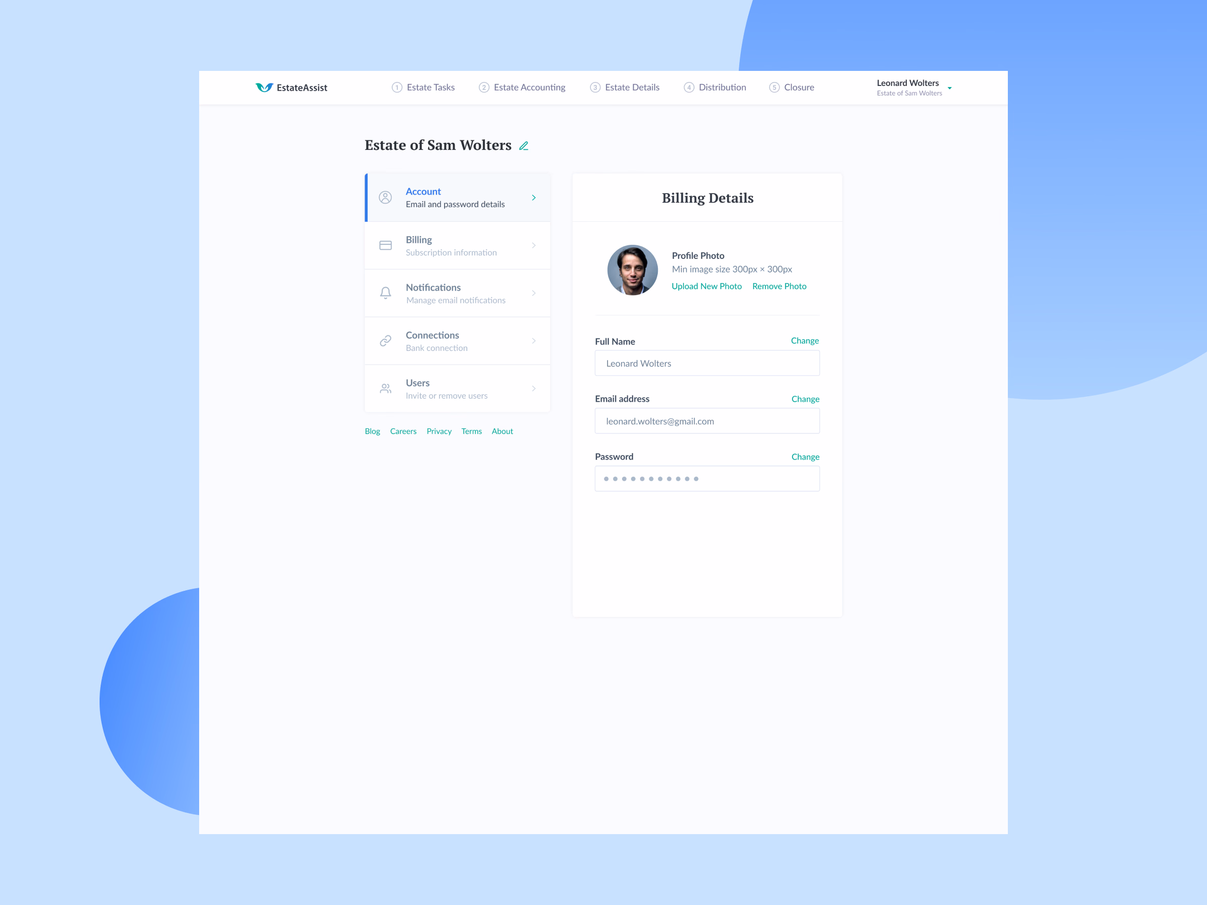 Account settings page for the EstateAssist estate app