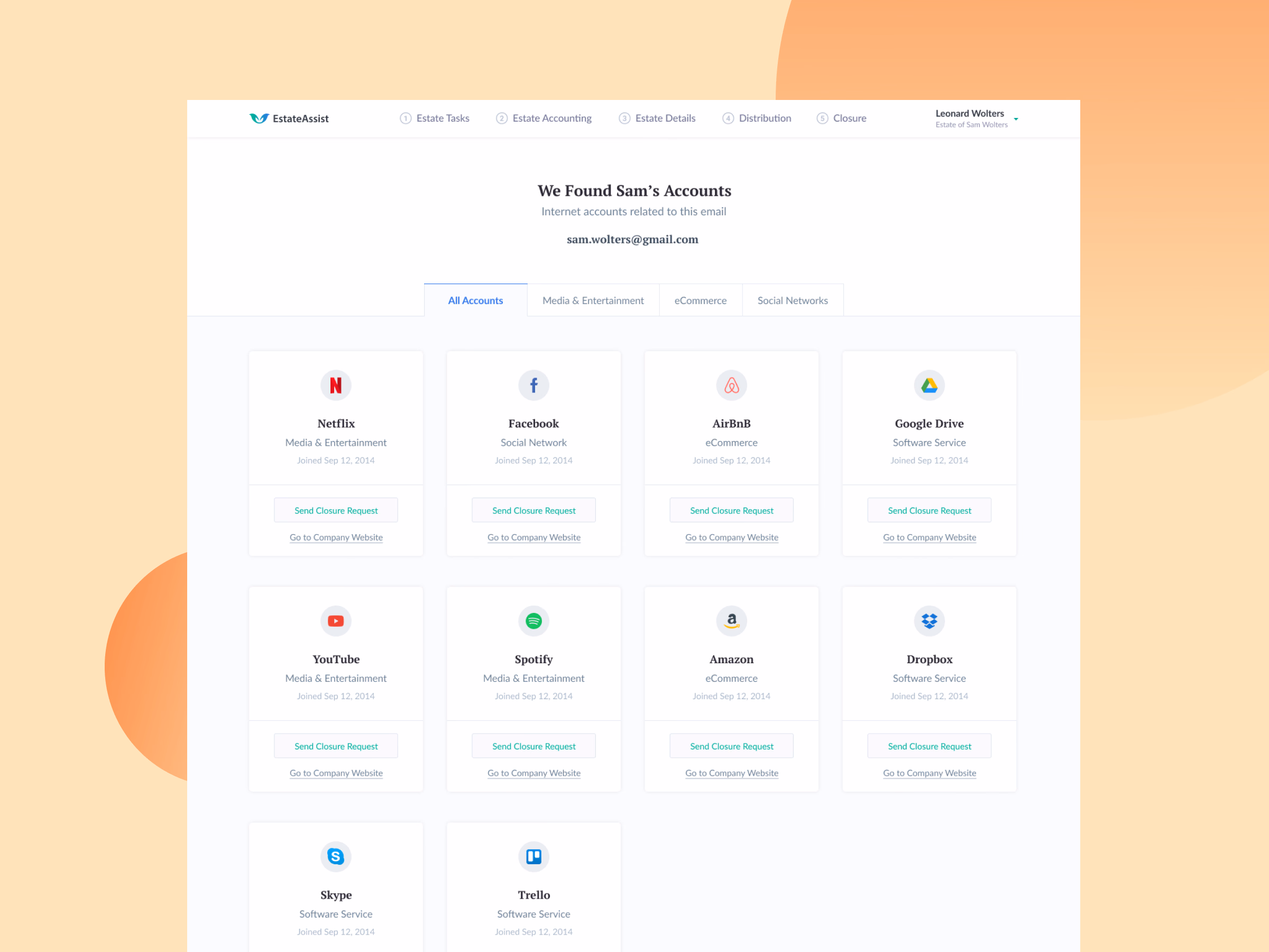 Online accounts recovery page for EstateAssist