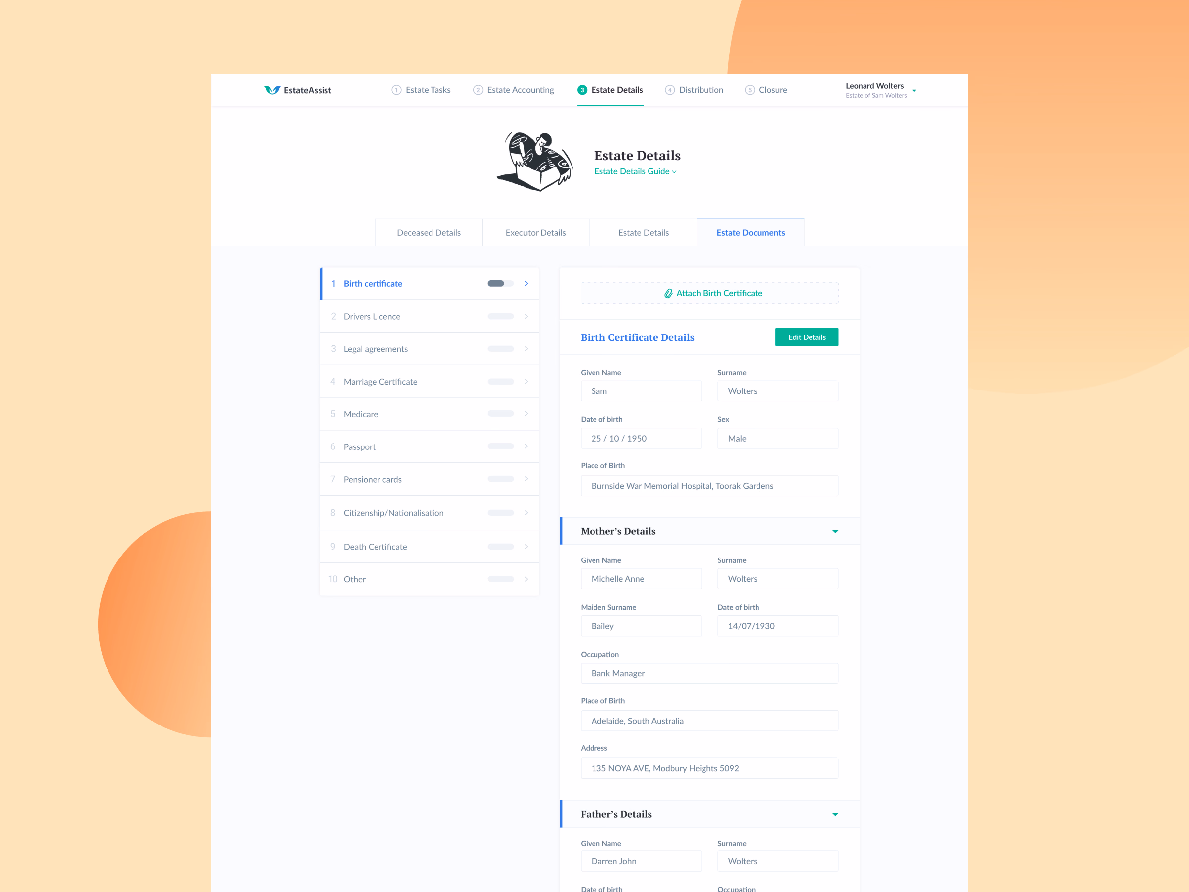 Estate document management screen for EstateAssist